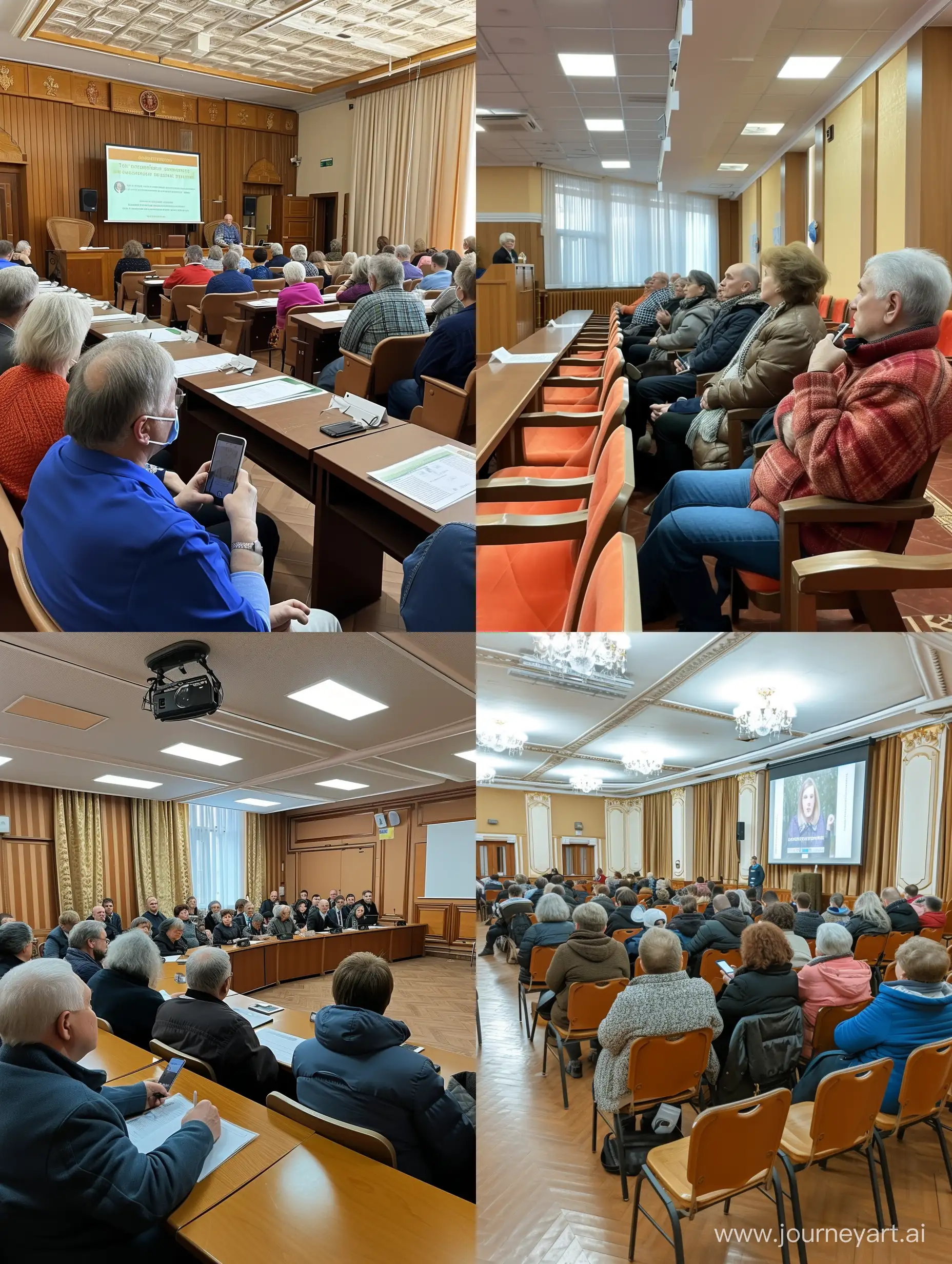 A meeting with residents of the district was held in the assembly hall of the Tverskoy district Council of Moscow. You need a photo on your phone, the participants of the event are aged 45-70 years old.