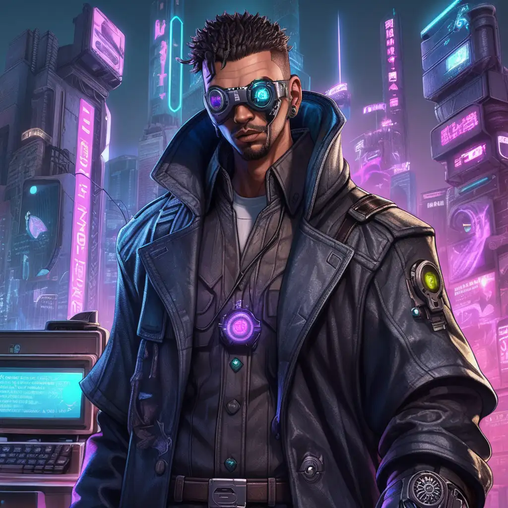 Cyberpunk Male Human Detective Investigating Futuristic Cityscape