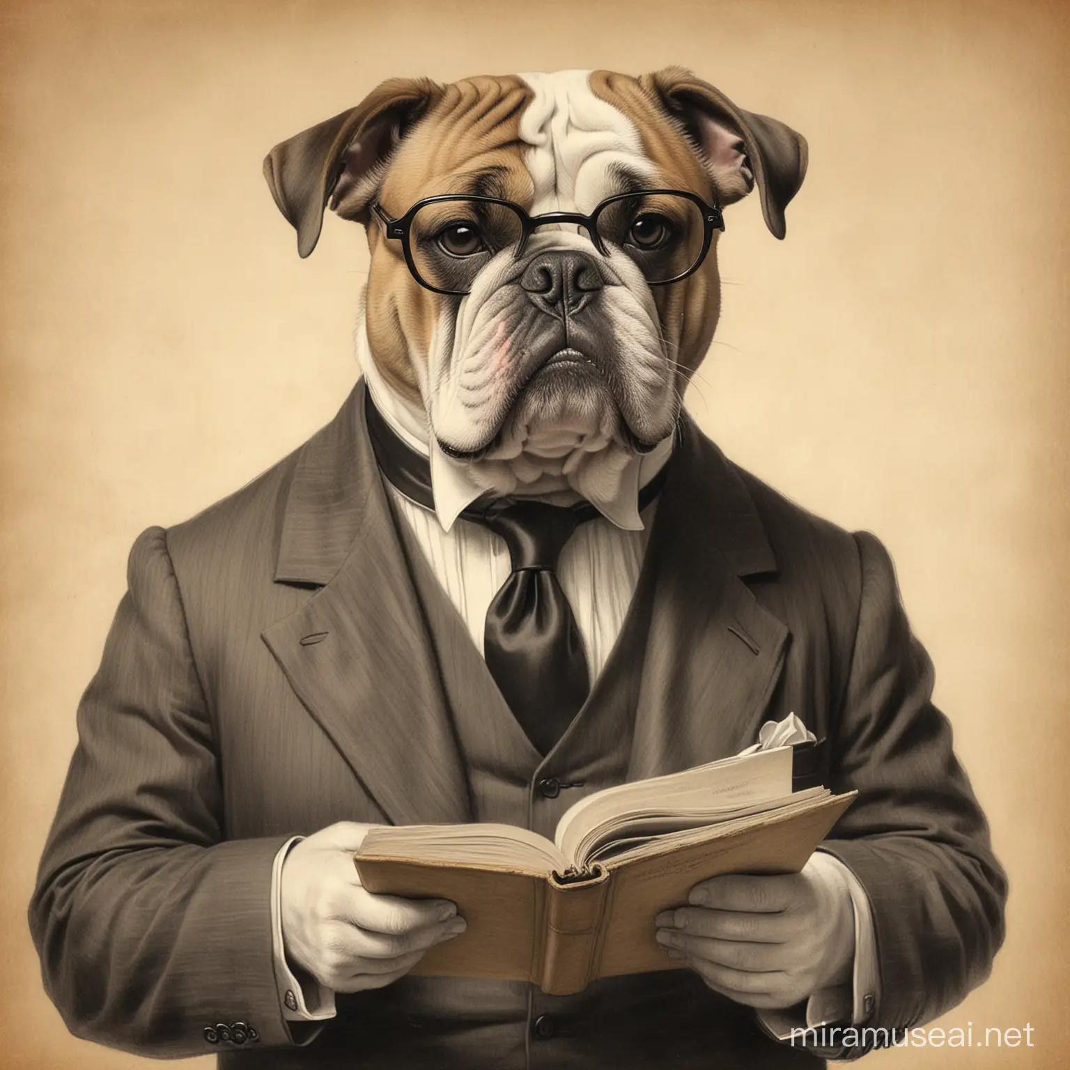 A victorian era charcoal sketch of a dignified bulldog wearing a suit and reading glasses

