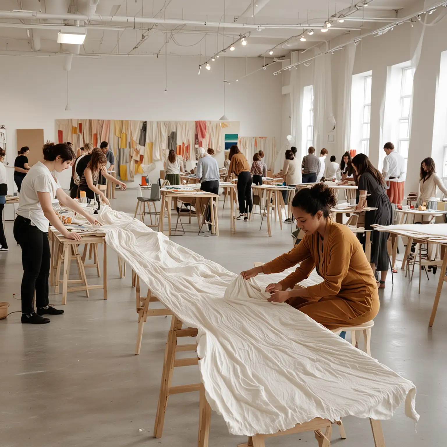 group of people working in an art space creating art with fabric. PGN 