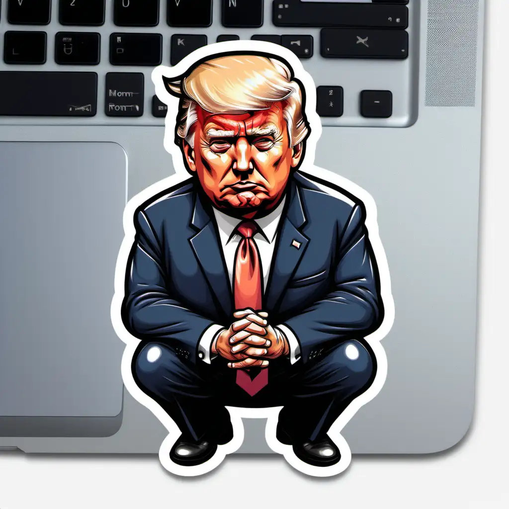 Cartoonstyle Sticker of Sad Donald Trump Kneeling in Reflection