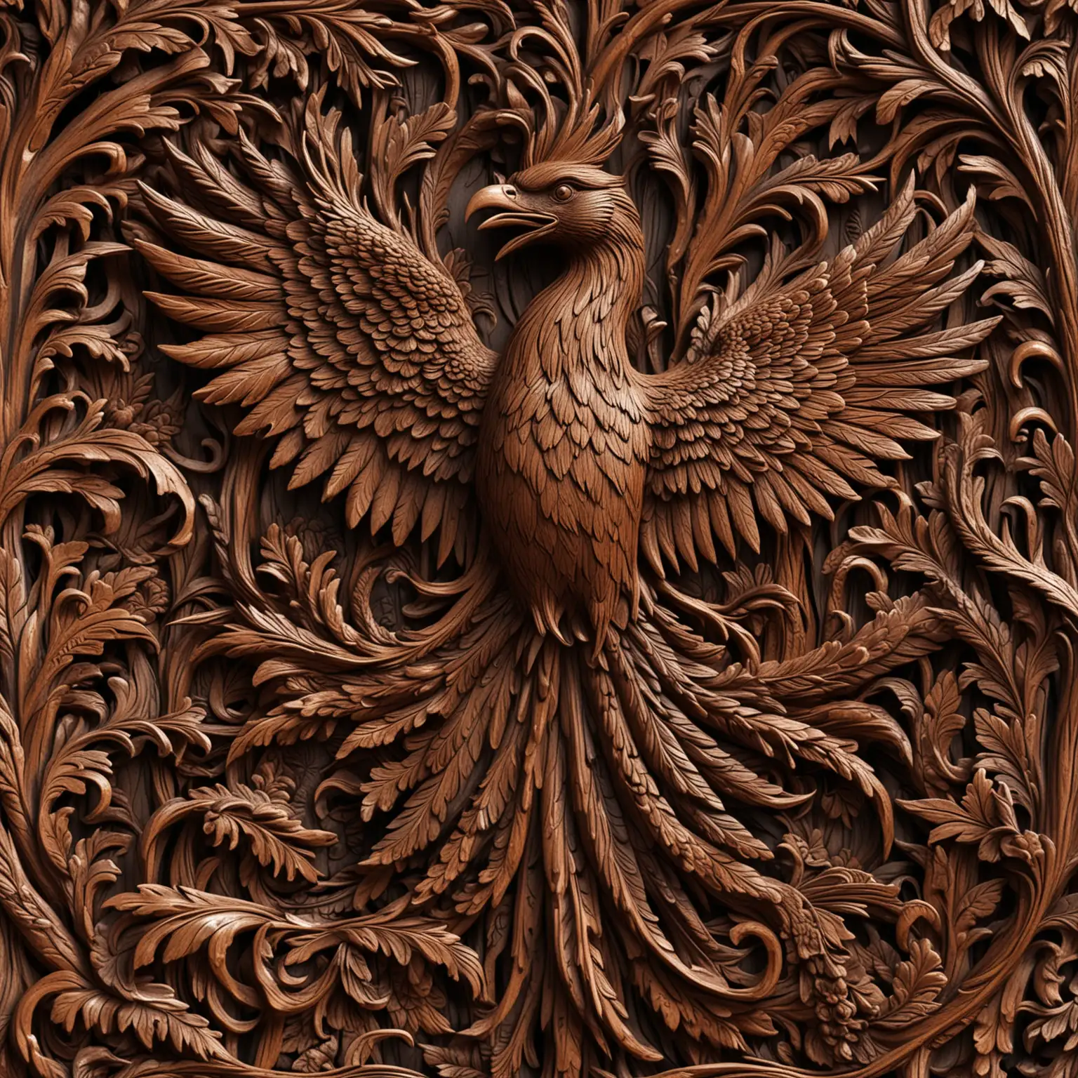 seamless dark wood carving of phoenix
