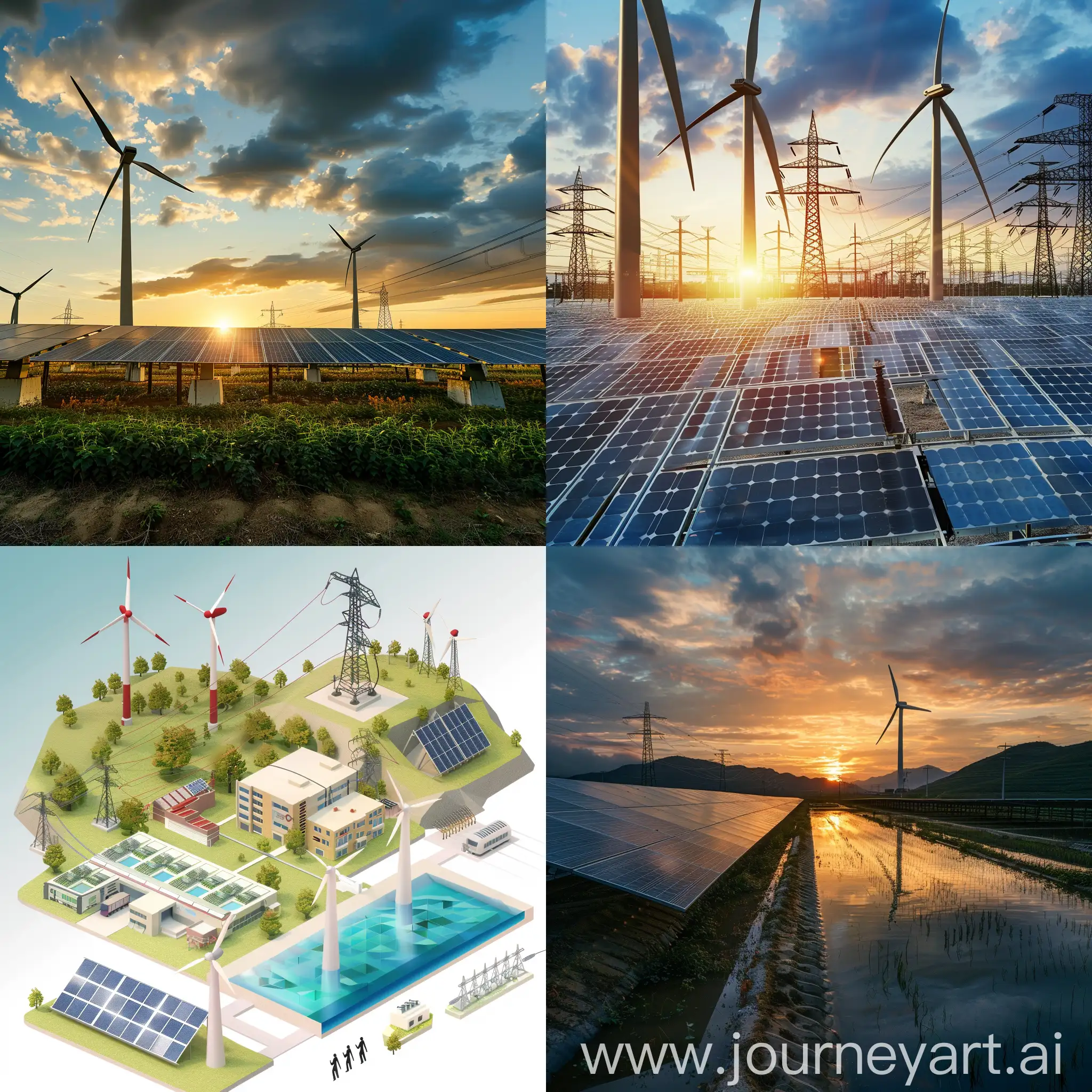 generate image of a renewable power generation which means solar, wind and hydro then power transmission, to industry residential and commercial areas 