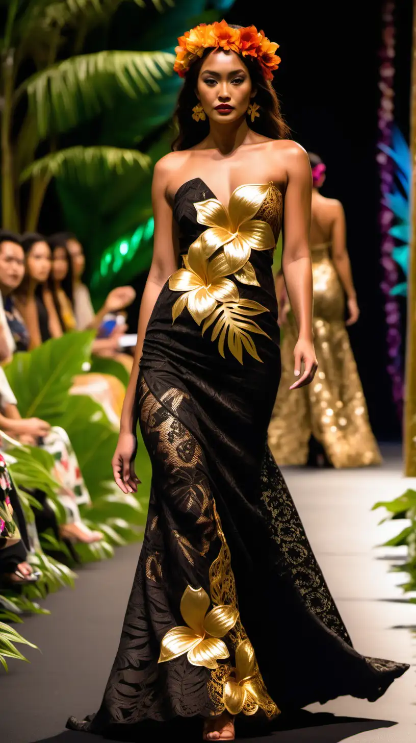 a polynesian female model wearing a beautiful dark black with gold tropical lace gown with a flower on her dress walking on a floral runway.