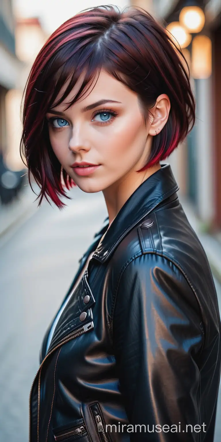 A young and beautiful woman with short dark bob hair, vibrant crimson red highlights, blue eyes and a leather jacket
