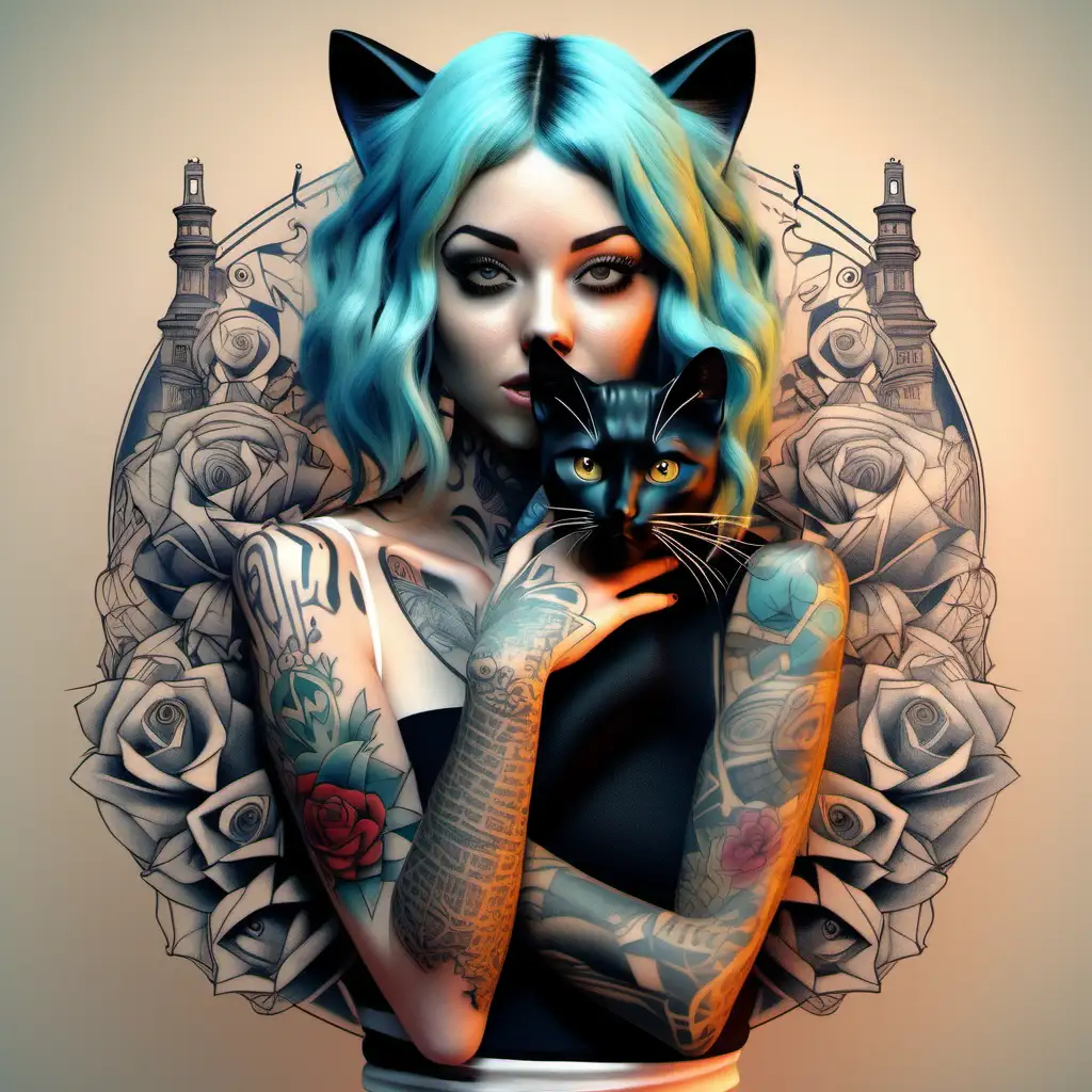 3D girl with tattoos and black cat in the hands detailed in funky art style 3D