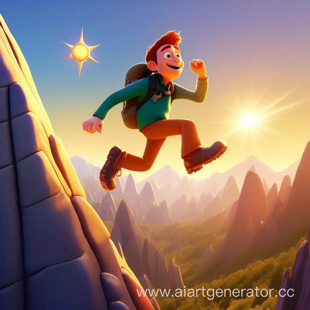 солнышко улыбается и греет мужчину поднимающегося в горы в стиле pixar