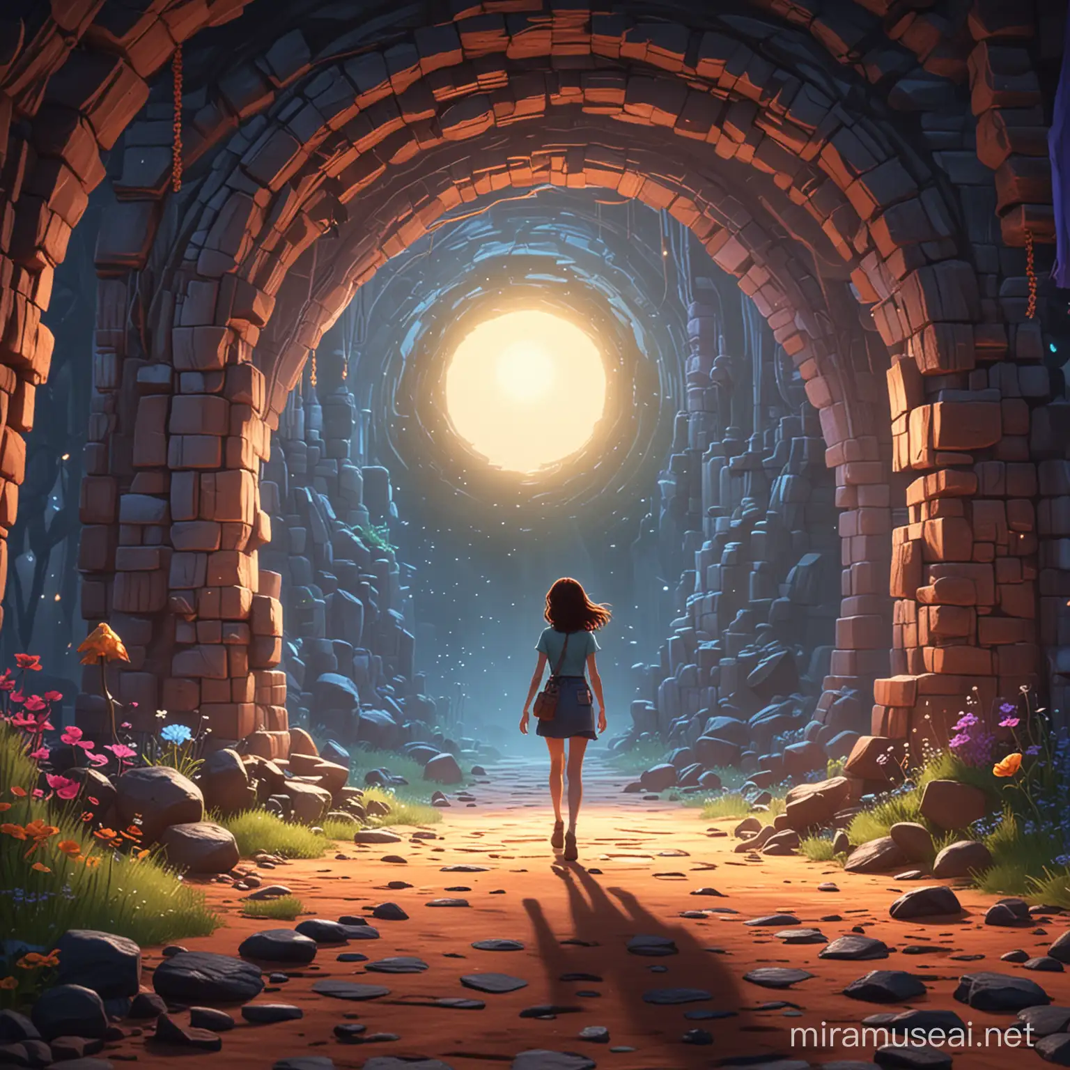 pixar animation style, young woman walking between worlds, magical portal, dream world,  shadow lands 
