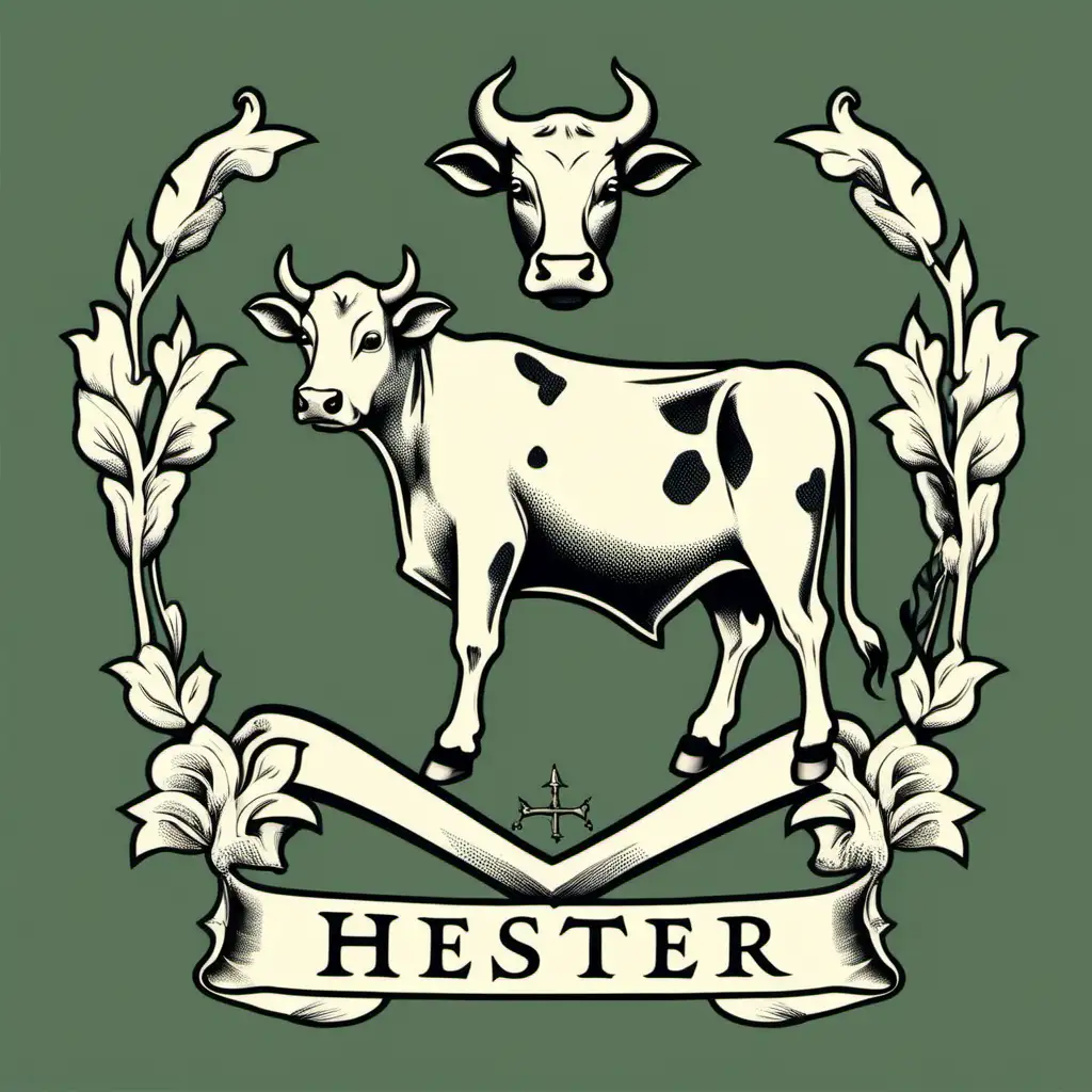 minimalist "HESTER" family crest with a cow