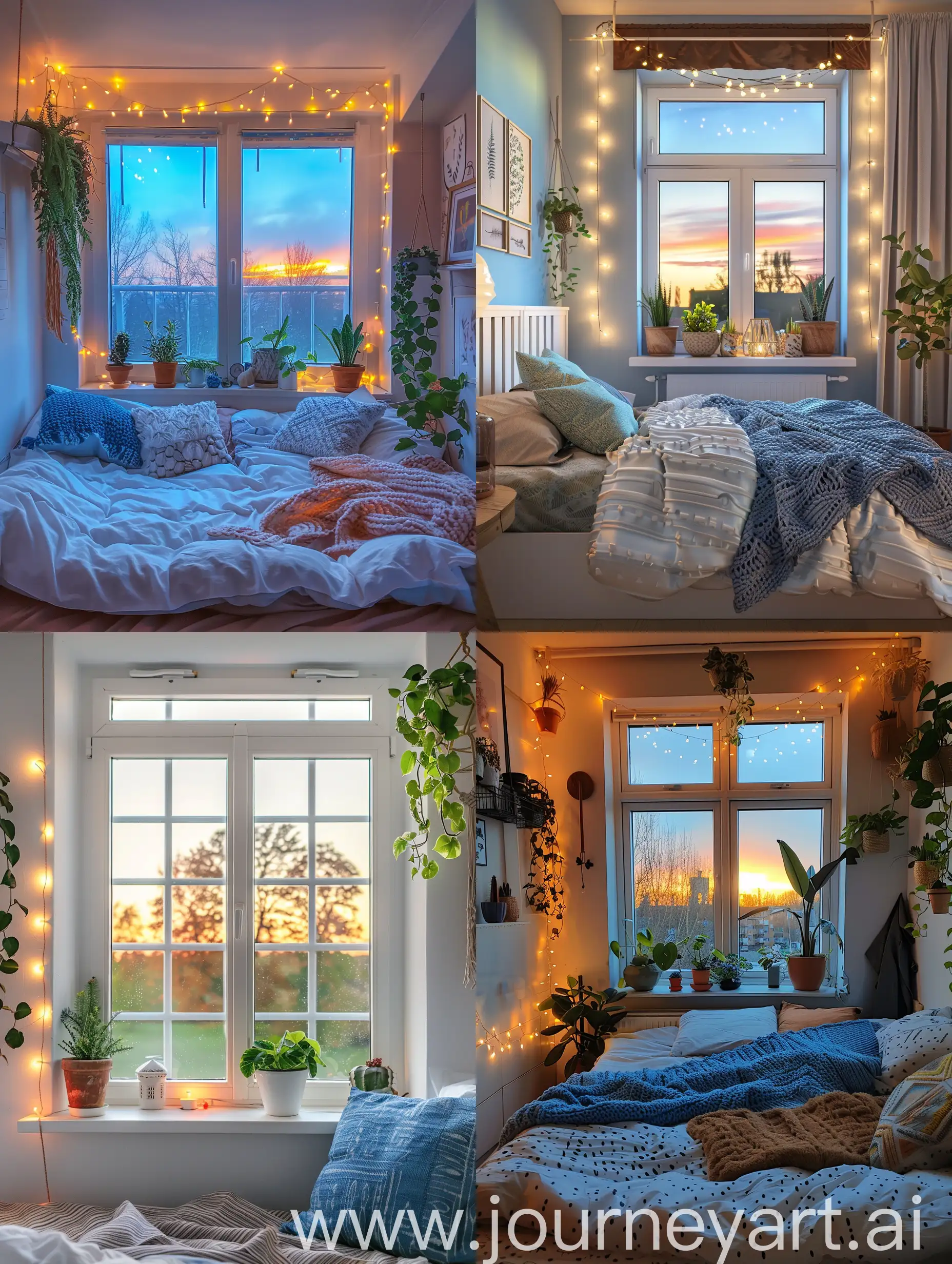 Camera da letto stile scandinavo con finestra. Colori bianco Blu e marrone. Piante e decorazioni. Luci del tramonto