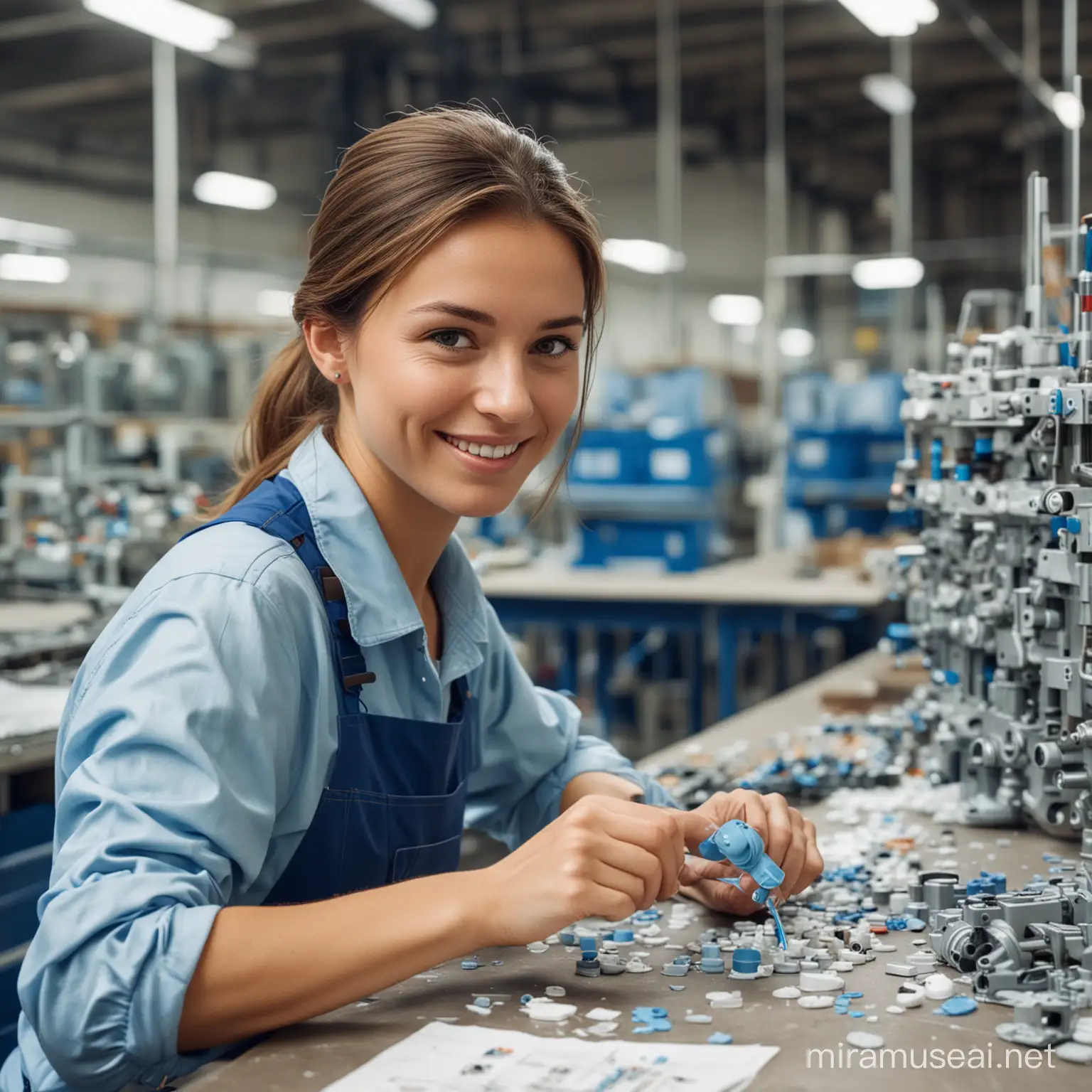 a woman working on a factory producing little plastic details. The woman is caucasian and has brown hair. She is looking at details and has a slight smile. She has blue elements in her clothes. 