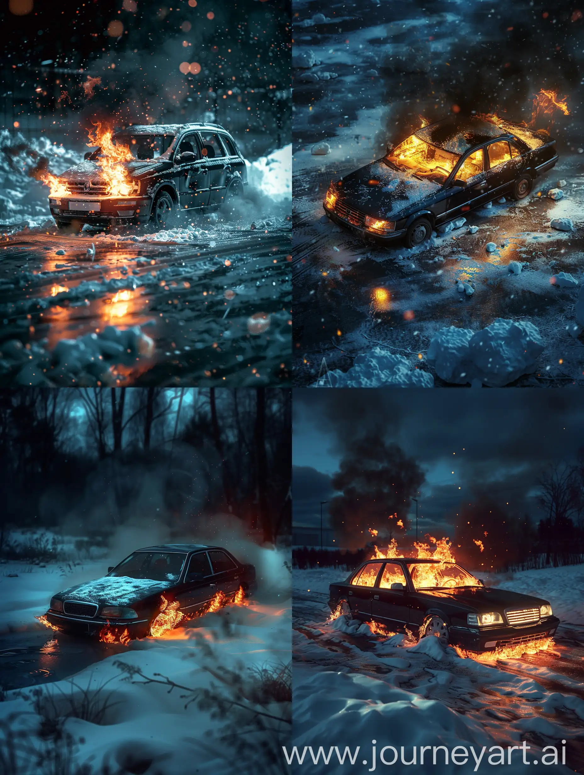 A car Burning in the Snow, Winter Night, Oblique Angle, Realistic Light Reflections, Dark Theme, Dreamy Theme, Extremely Details, High Quality --v 6.0 --ar 3:4