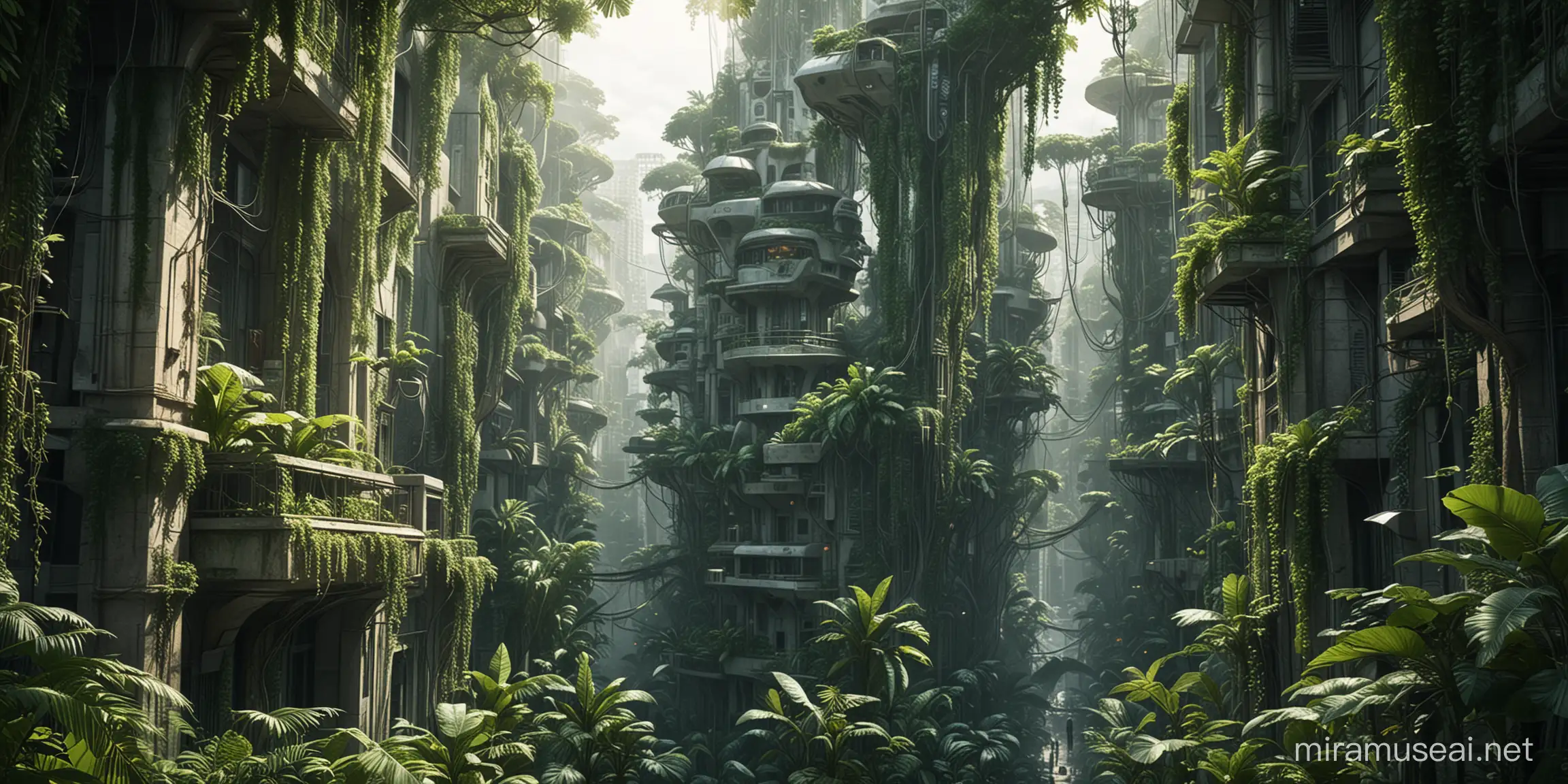 dessine moi une ville futuristique intégrée à une jungle dense tropicale. Des lianes pendent des immeubles et il y a plein d'arbres partout.