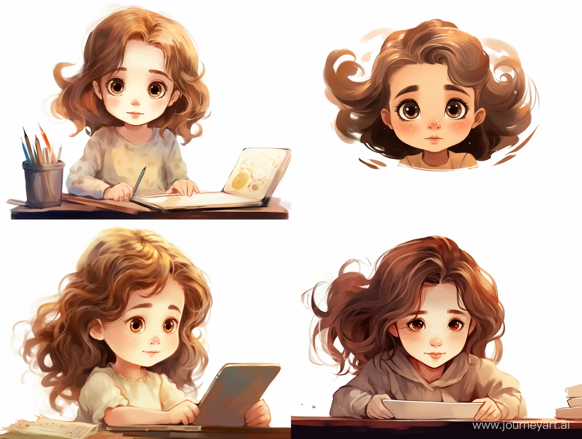 A three-year-old girl, light brown hair above her shoulders, with brown eyes, long eyelashes, small mouth, thin lips, staring intently at a tablet, stylized caricature, decorative, flat illustration, on a white background, watercolor, ink, Victor Ngai style, bright colors