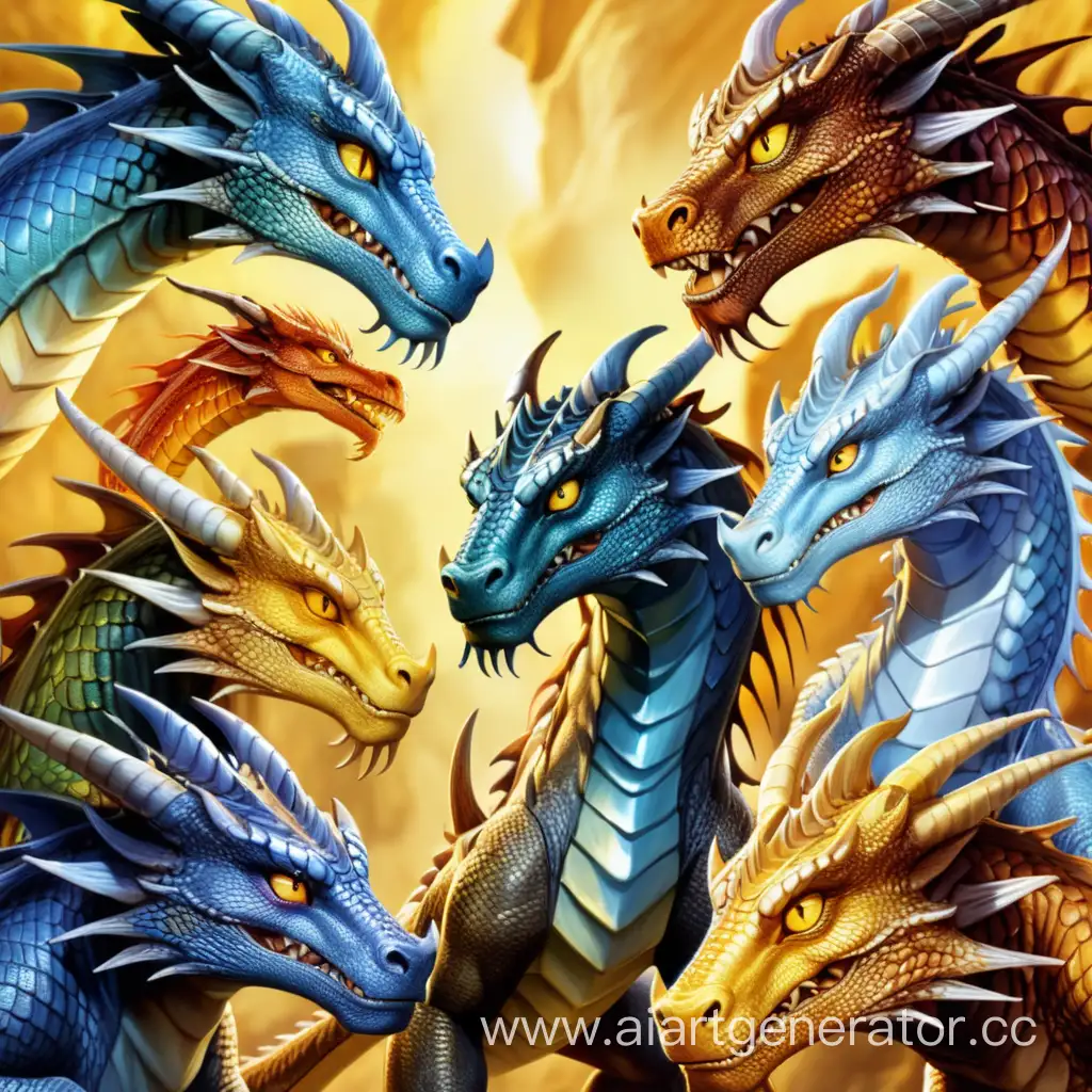 Avatar, ten dragons looking at the viewer, dragons from European mythology, yellow eyes, different colors of scales, close to each other. They look at it curiously.