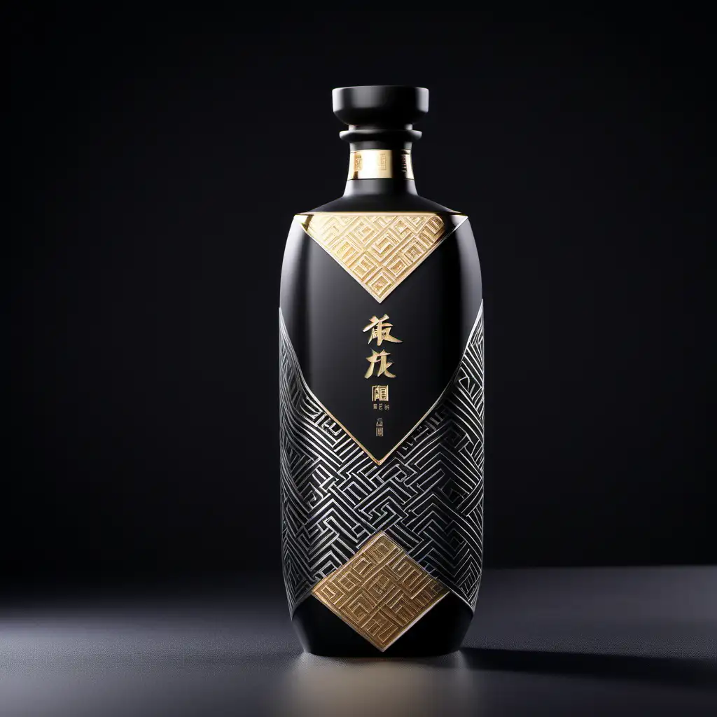 Chinese health liquor bottle packaging design, high end liquor, 500ml ceramic bottle, high details, brand name is 玖莼, photograph images, black and silver geometric succinct abstract texture with little golden decoration