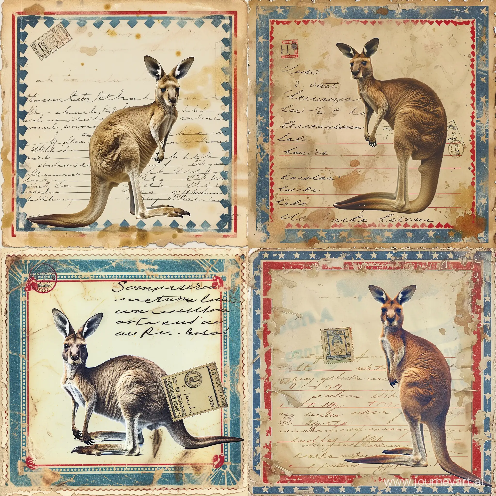 a kangaroo on a vintage postcard with a blue and red airmail frame, some handwritten text, subtle soft faded watercolor, stains, postage stamp, mail art
