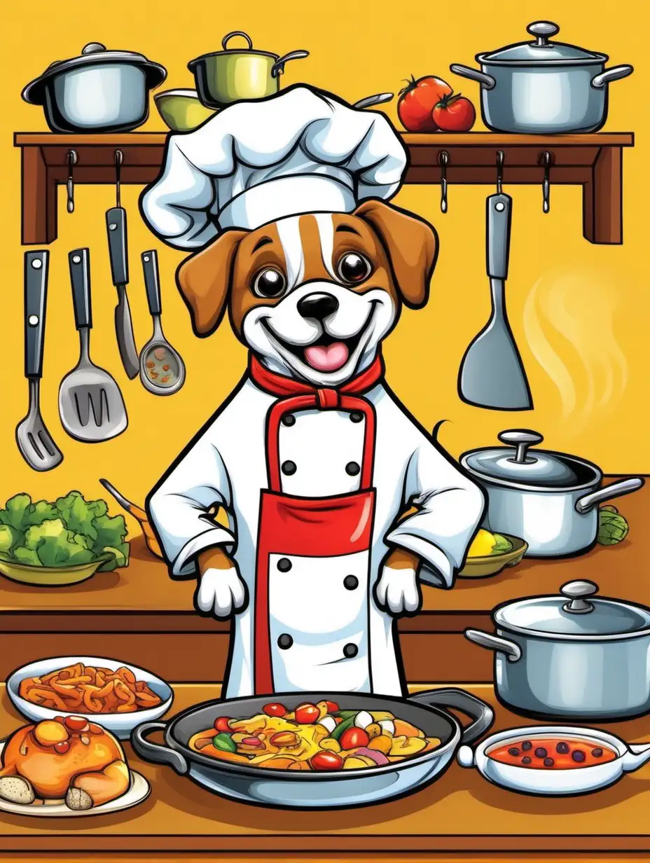 Create a  book cover page for children or adults no words. A simple dog chef happy and cooking. make sure the animal fits in the picture fully . make all images with more cartoon faces and smiling