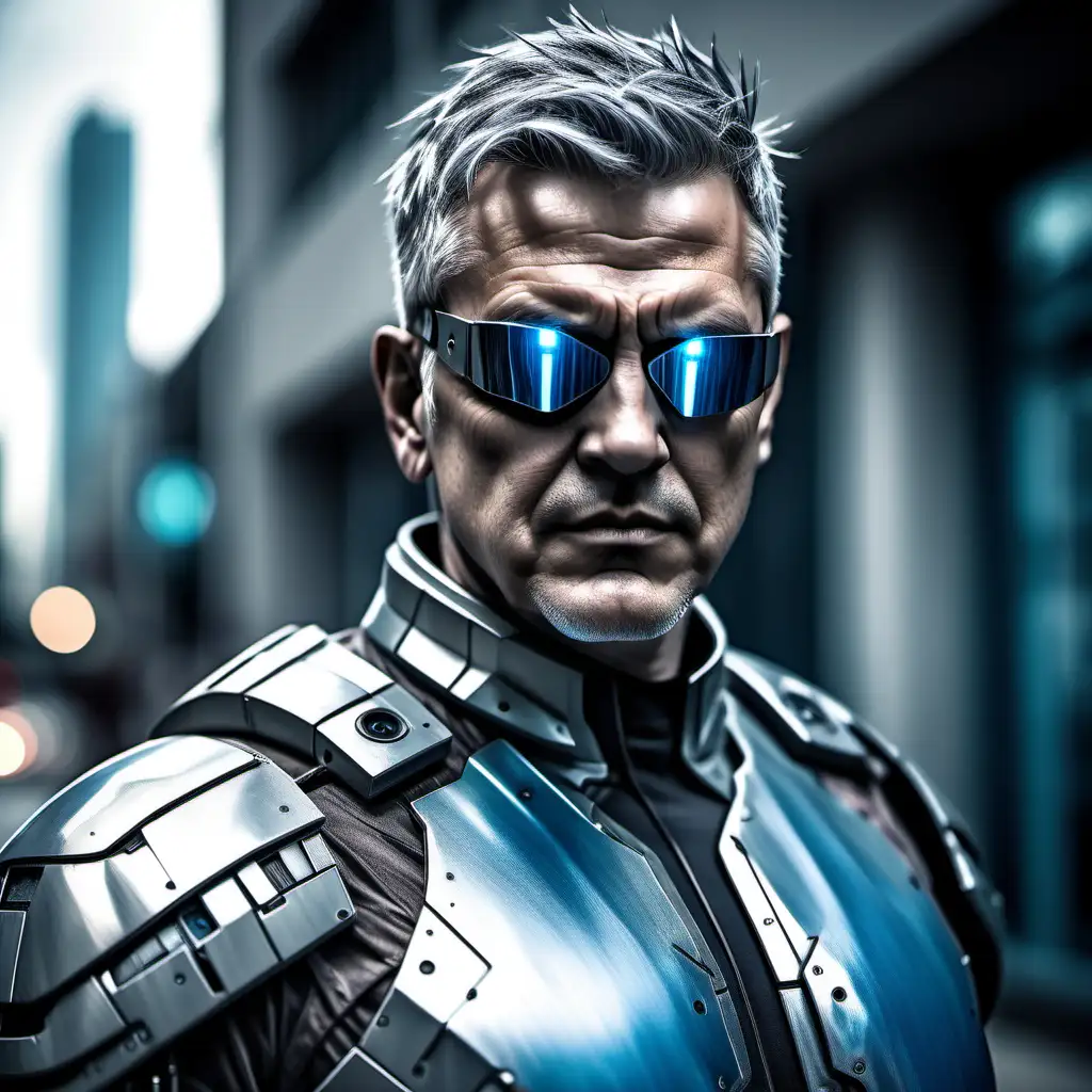 Heavy man, broad shoulders, mid forties, cybernetic eyes, rounded futuristic silver grey mirrorshades. Short wild disheveled blue dyed brown hair. Dressed in futuristic grey Urban flash style clothing. Clean shaven. Plain face.