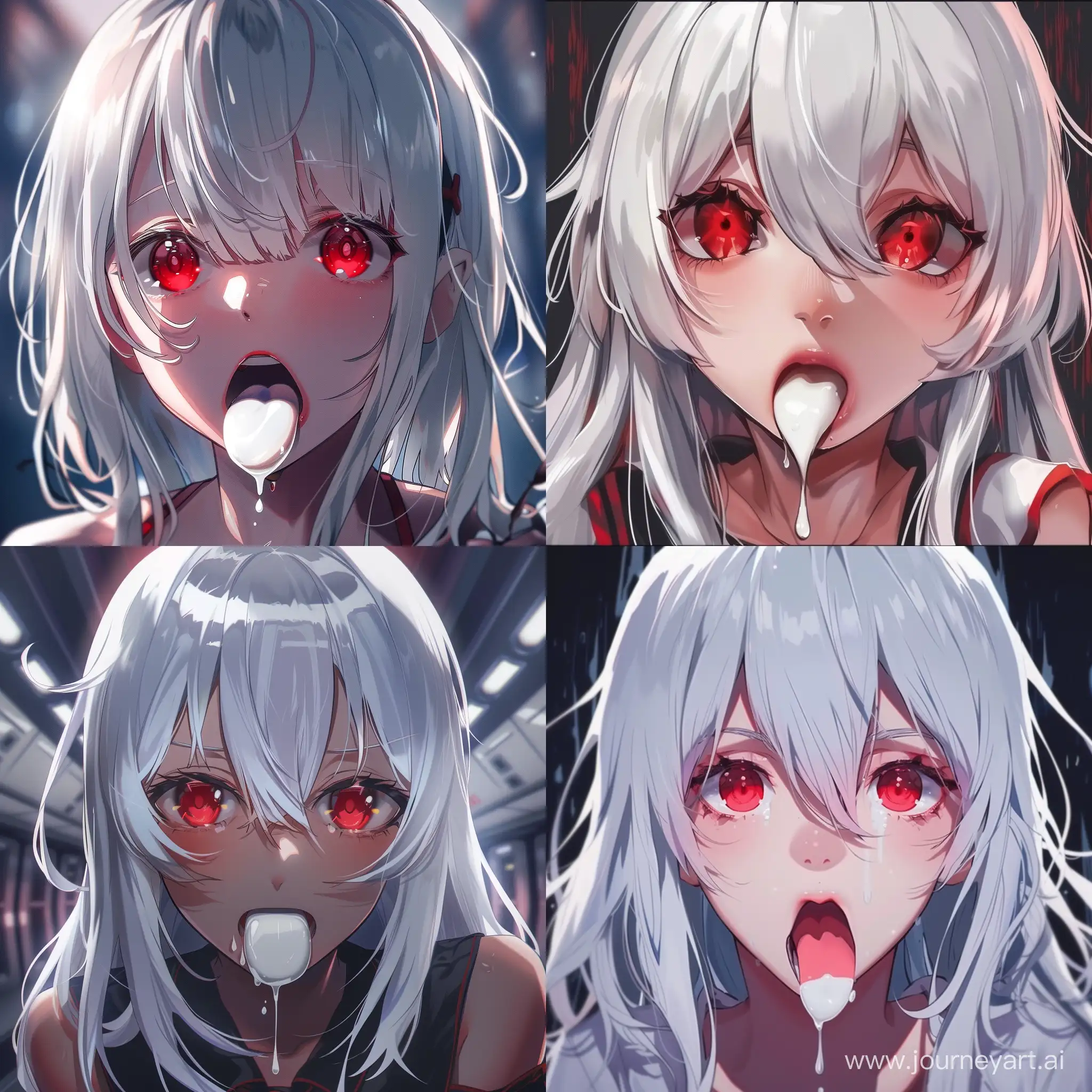 anime girl with white hair and red eyes, Stick out tongue and rolled eyes, with white liquid on tongue
