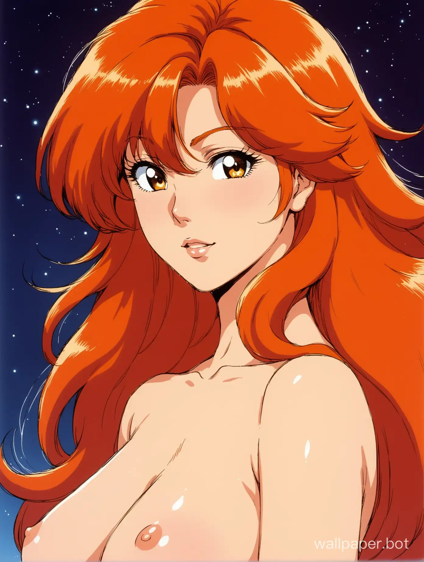 Retro 1980s anime, a topless redhead woman, fluffy orange hair, milf