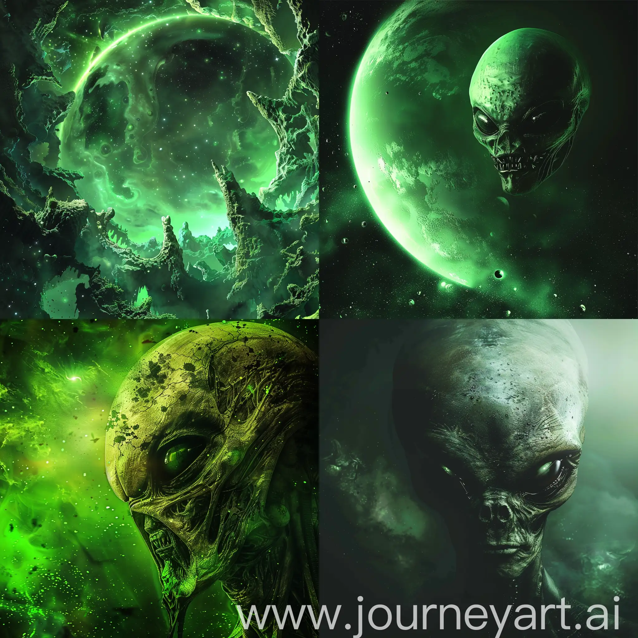create an alien scary wplanet, with green atmospher. with a quiet space