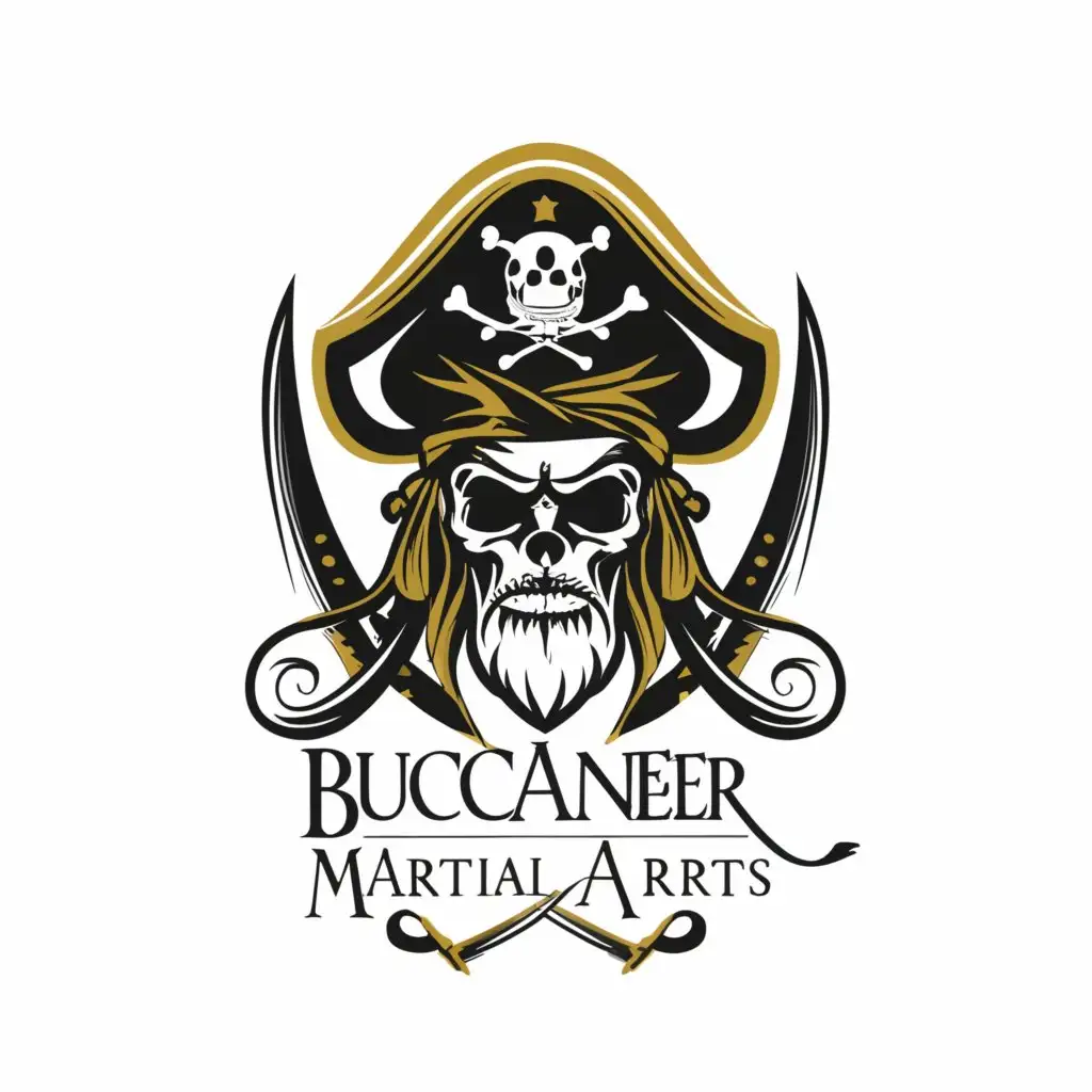 a logo design,with the text "Buccaneer Martial Arts", main symbol:skull, swords, pirate, scottish hat, 17th century style,complex,be used in Education industry,clear background