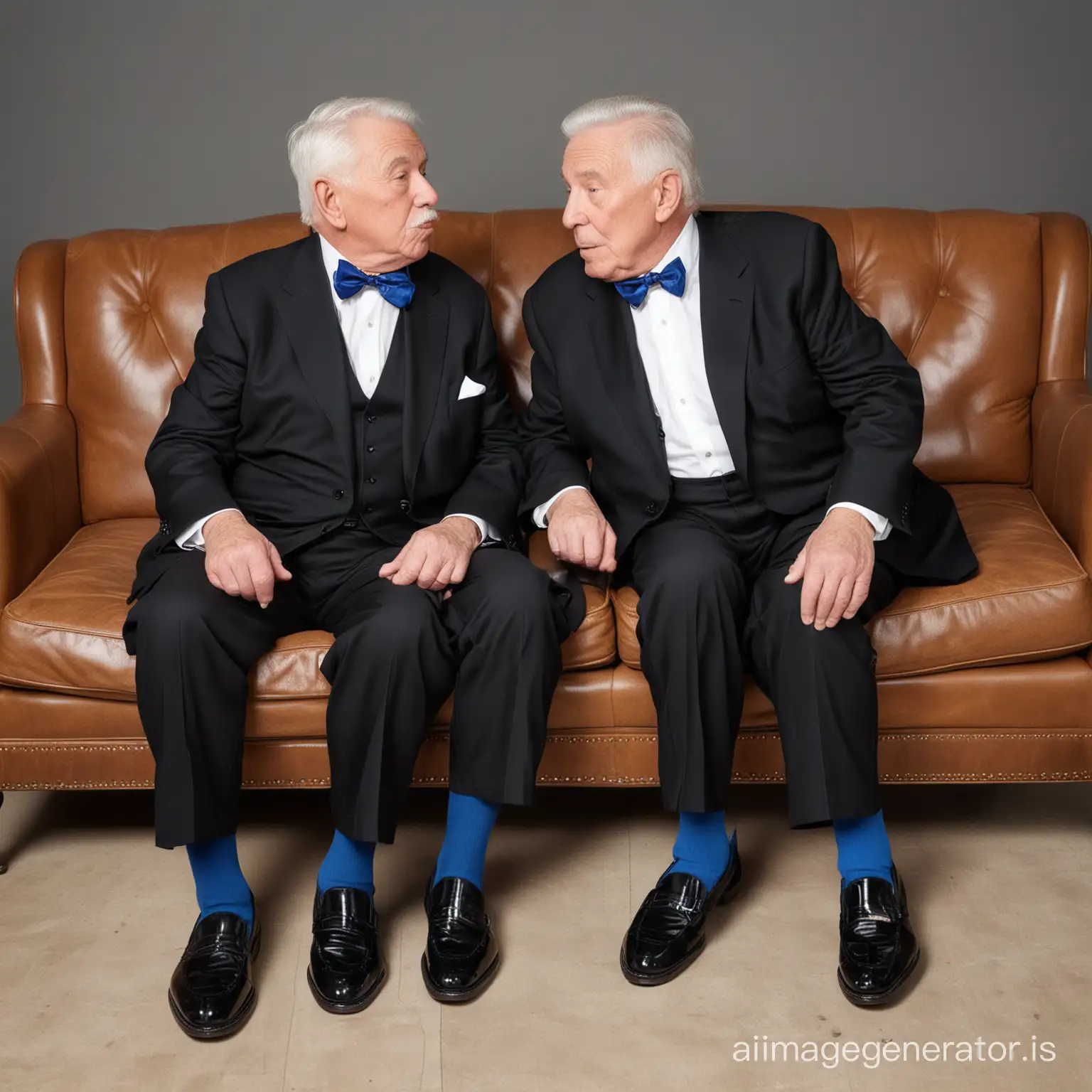 Two American fat elderly men, both 80 years old, shot height, wearing black suits, blue bowties, blue socks, black loafers, black hair, kissing on a coach in the office, full body shot, must show face