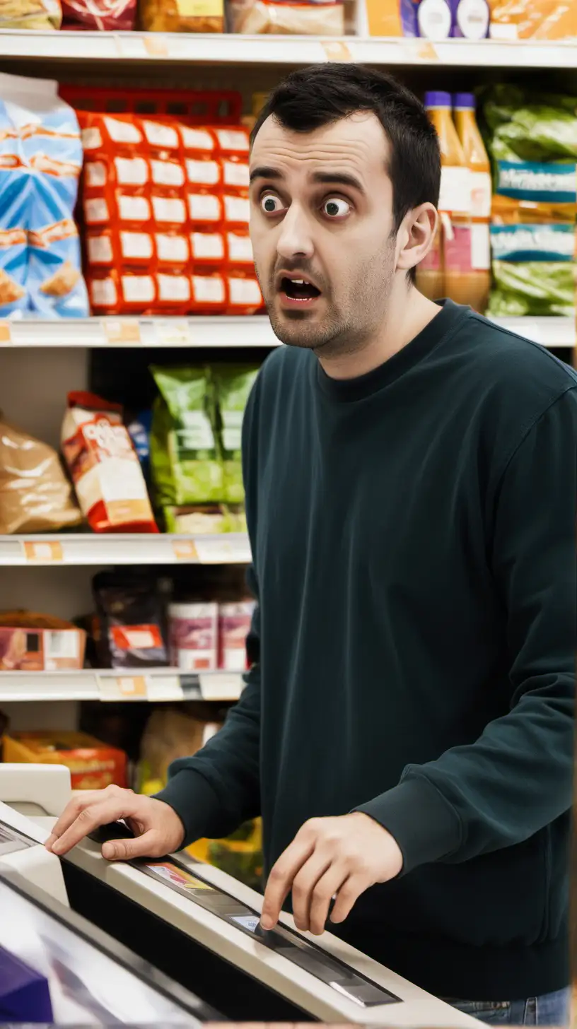 man at checkout in supermarket looking embarrassed