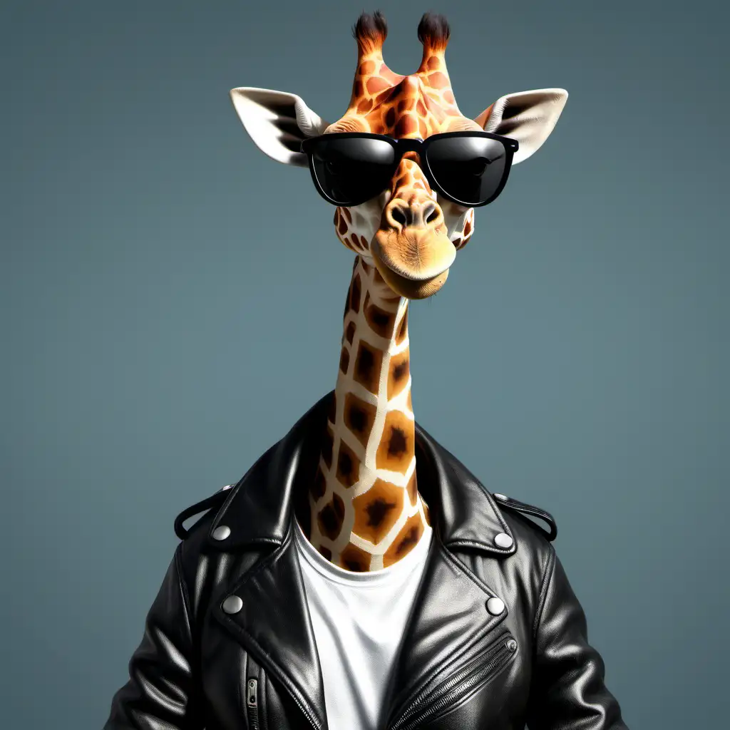 lachende giraffe mit sonnenbrille und lederjacke