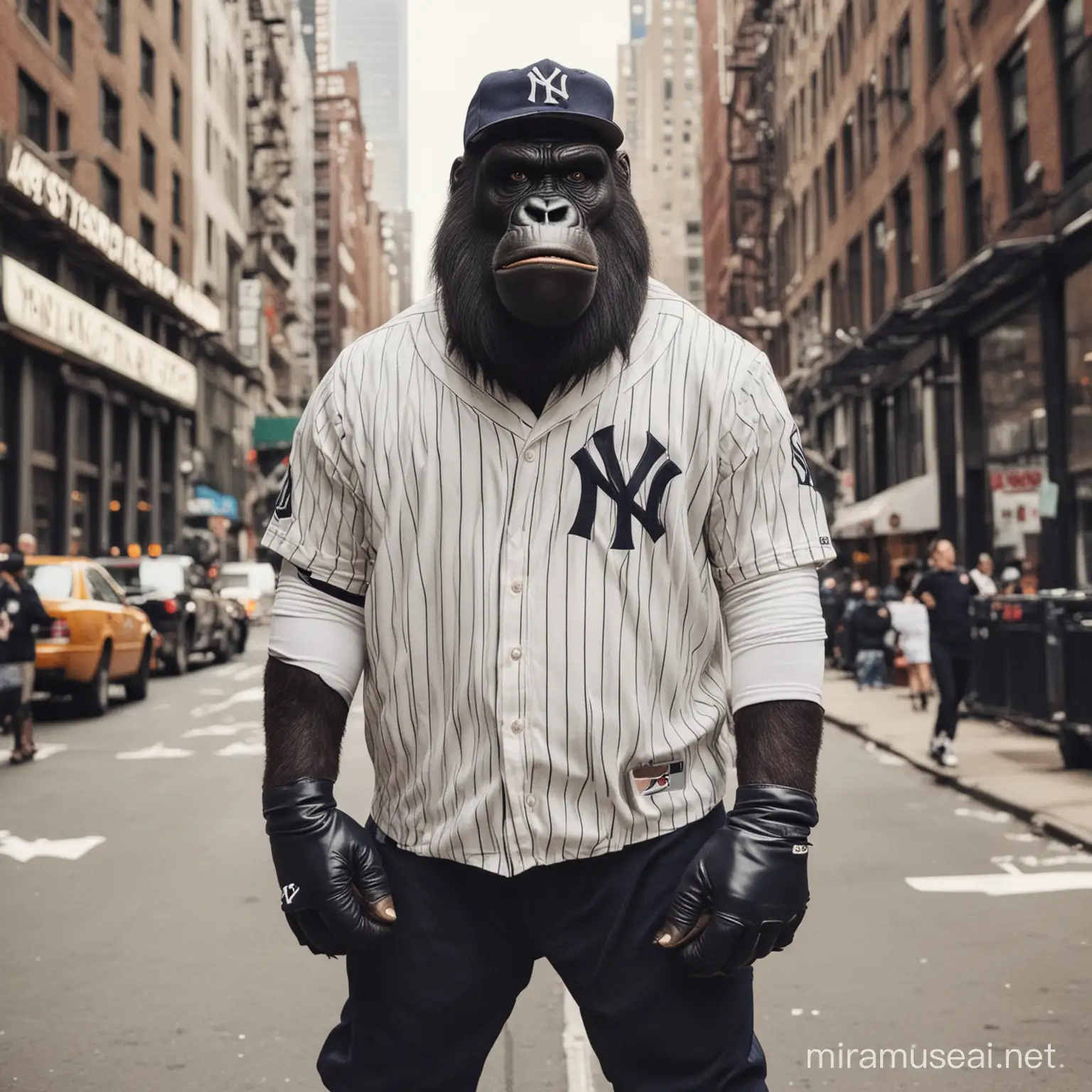 King Kong dressed in a New York Yankees baseball uniform, he is in New York City 