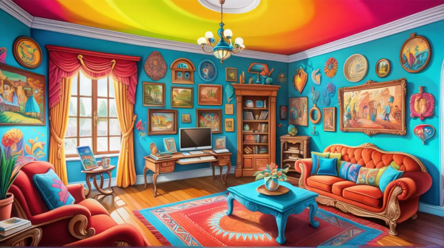 Vibrant CartoonStyle Artists Home with Colorful Murals