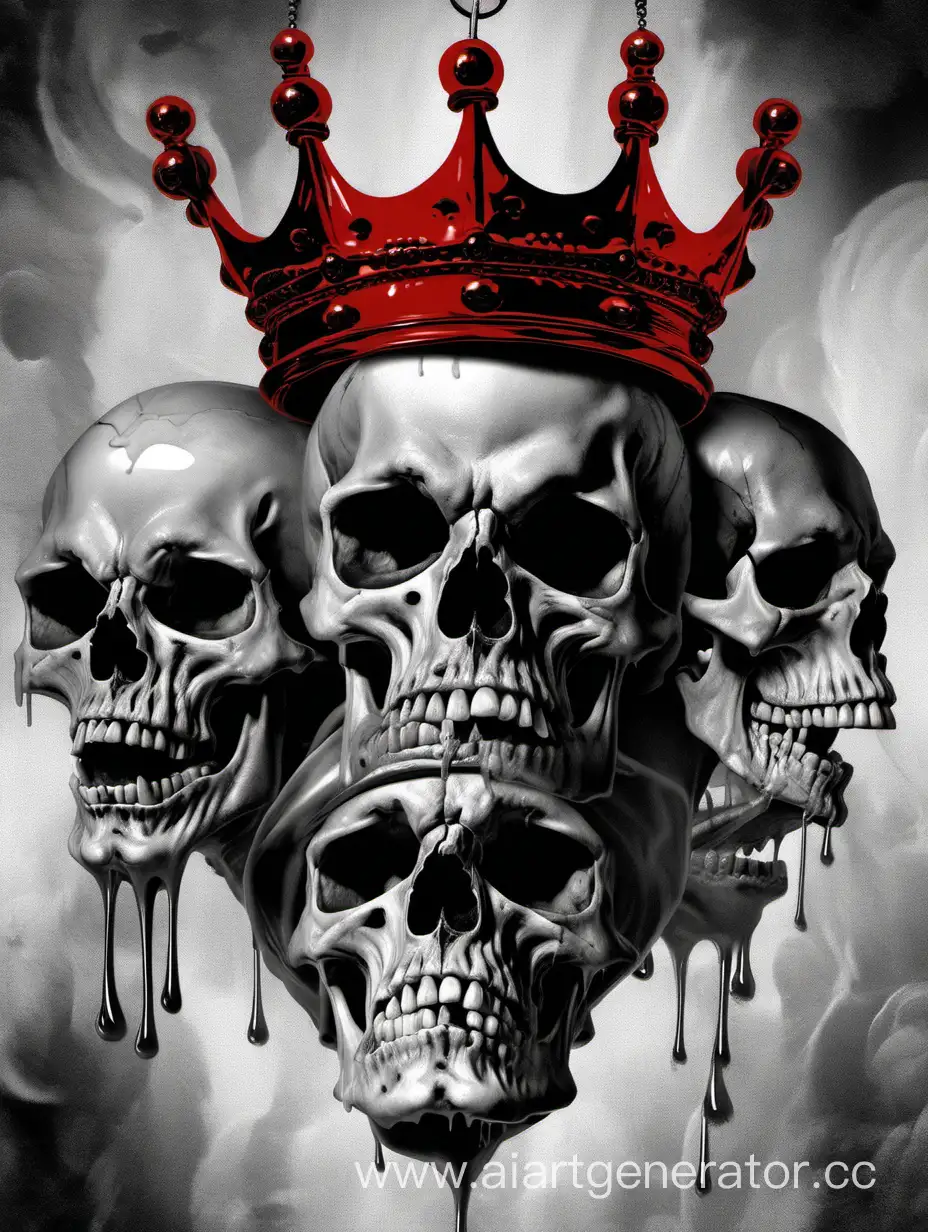 fool skull ,  crazy skull,  dripping crown, Peter paul rubens poster,  ornament, hiperdetailed, black,gray, red