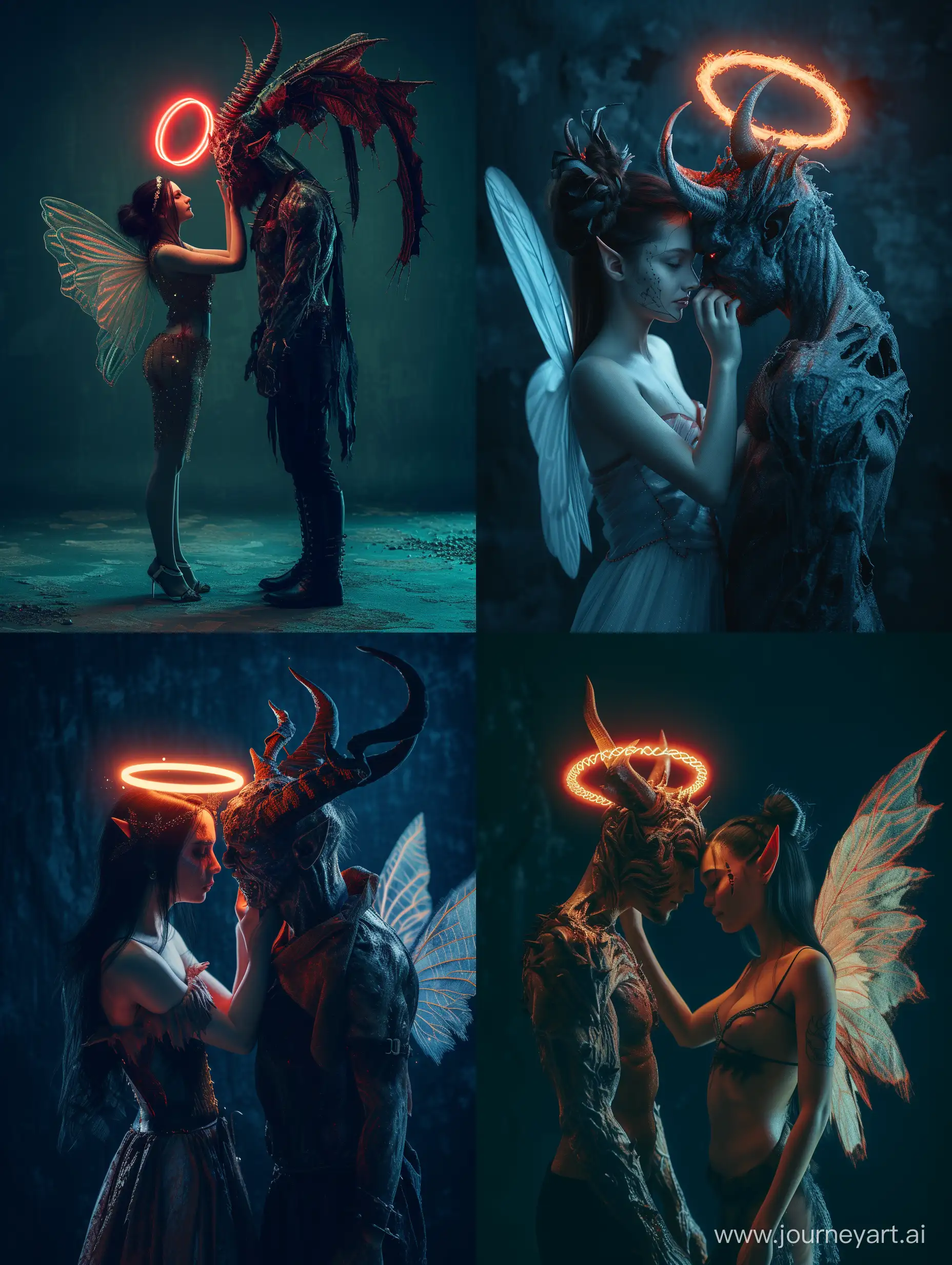 A demon with torn wings and a fairy stand against each other, the fairy lovingly and tenderly puts a glowing halo on the demon's head, dark environment, professional studio portrait photo, , octane render, hyper details, Cinematic, Color Grading, Editorial Photography, Photography, Photoshoot, Shot on 70mm, Ultra-Wide Angle, Depth of Field, DOF, Tilt Blur, Shutter Speed 1/1000, F/22, Gamma, White Balance, Neon, Light, Dark, Light Mode, Dark Mode, High Contrast, Super-Resolution, Megapixel, ProPhoto RGB, VR, Lonely, Good, Massive, Big, Spotlight, Frontlight, Halfrear Lighting, Backlight, Rim Lights, Rim Lighting, Artificial Lighting, Natural Lighting, Incandescent, Optical Fiber, Moody Lighting, Cinematic Lighting, Studio Lighting, Soft Lighting, Hard Lighting, volumetric Light, Volumetric Lighting, Volumetric,, cinematic color grade, chromatic aberrations, artful bokeh depth of field.