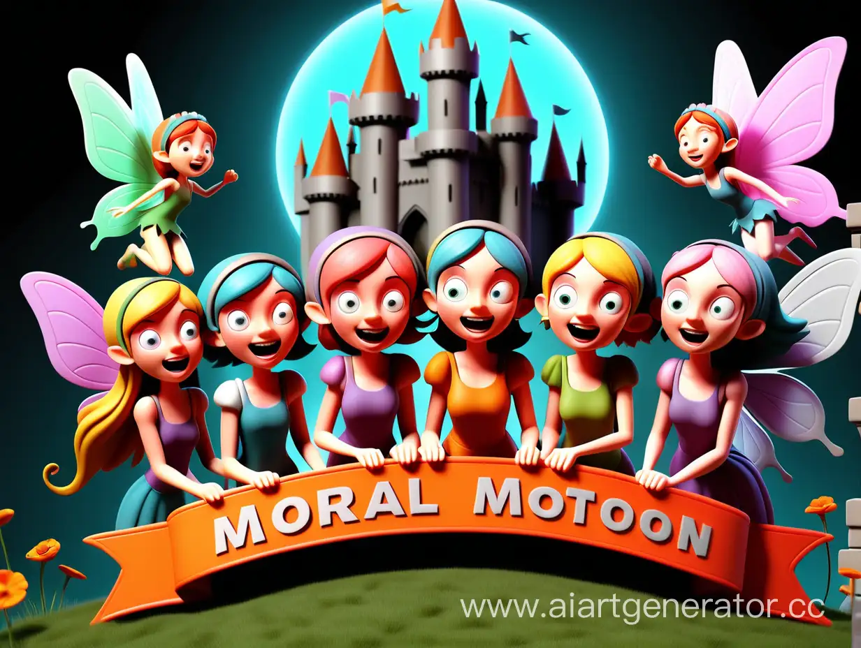 A vibrant and eye-catching 3D render of a banner for a moral story YouTube channel called "Motoon ." The banner features 5  fairies behind them a castle, human happily standing in the front holding a banner word Motoon written on it 
 The overall design is colorful, engaging, and visually appealing, capturing the essence of positive emotions and ethical learning, illustration, vibrant, 3d render, poster
