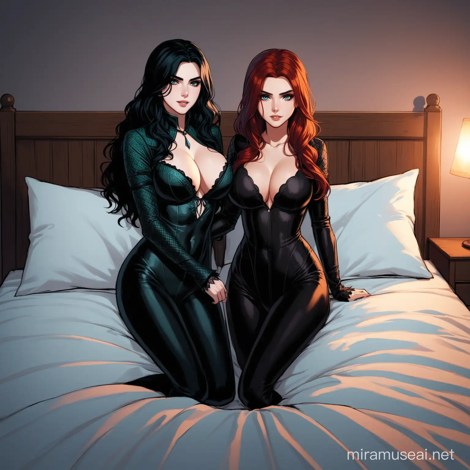 Yennefer and Triss Merigold in Silver Catsuits on Double Bed