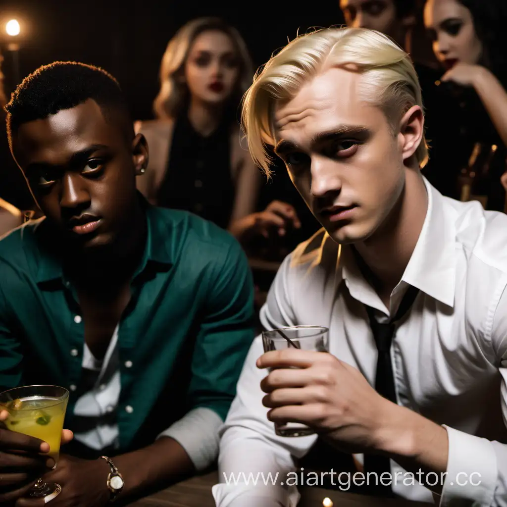 attractive hot handsome young Draco Malfoy in a shirt sitting in a cross with a drink in his hands, at a party with a dark-skinned friend nearby