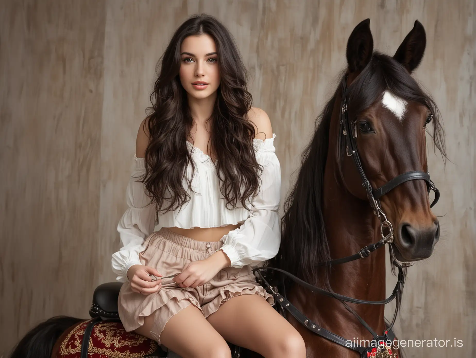 Dark-Haired-Woman-Sitting-Gracefully-on-a-Rocking-Horse