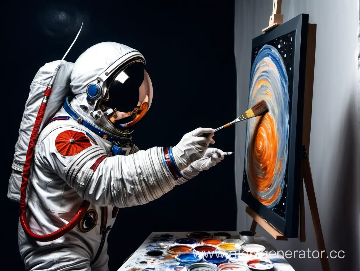 художник рисует кистью на мониторе космонавта