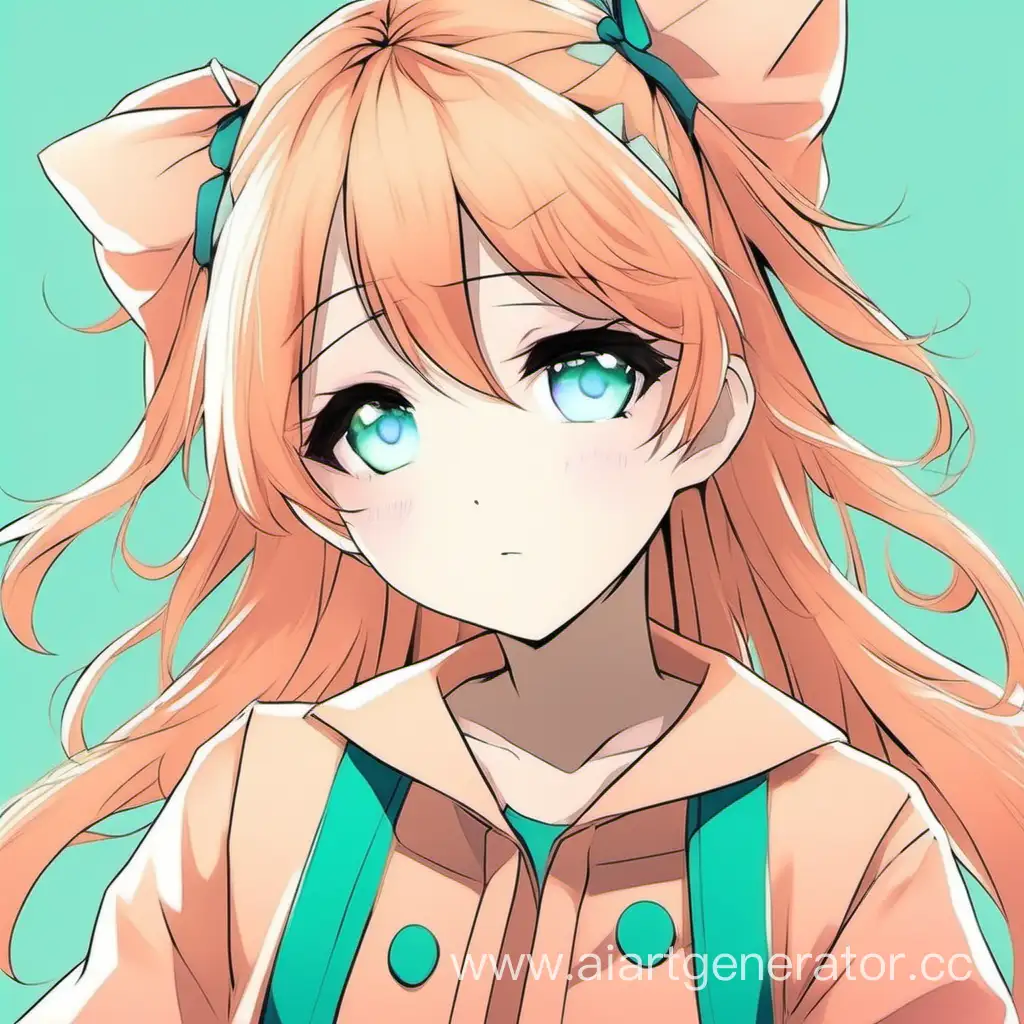 cute anime girl with turquoise eyes, peach-colored clothes, and peach-colored hair
