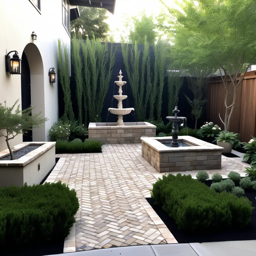 European courtyard backyard, beige herringbone pavers, water fountain, stone fire pit, lush plants, fully fenced, pea gravel walkway