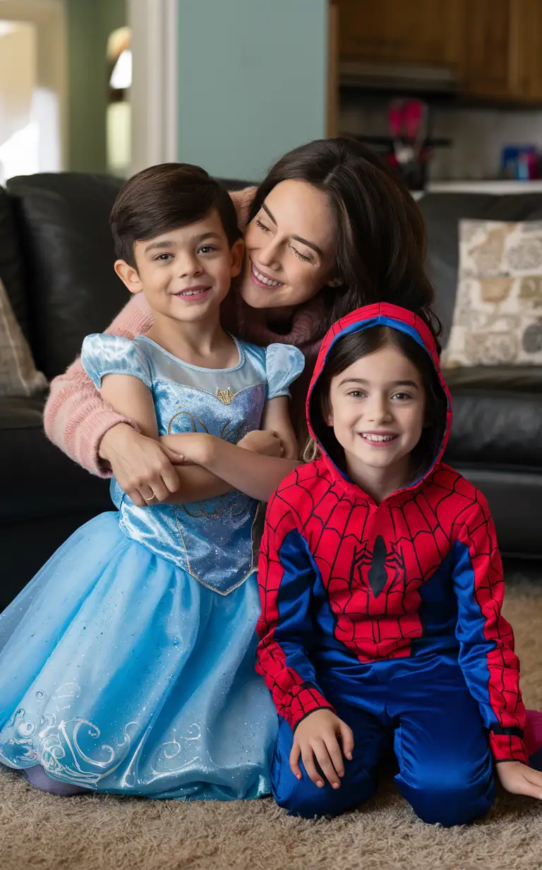 Gender role-reversal, Photograph of a mother dressing her young son, a cute boy age 8 with short smart hair shaved on the sides, up in a bright blue Cinderella Disney Princess Dress, and she is dressing her young daughter, a cute girl age 9 with long hair in a ponytail, up in a Spider-Man onesie, in a living room for fun on a rainy day, adorable, perfect children faces, perfect faces, clear faces, perfect eyes, perfect noses, smooth skin