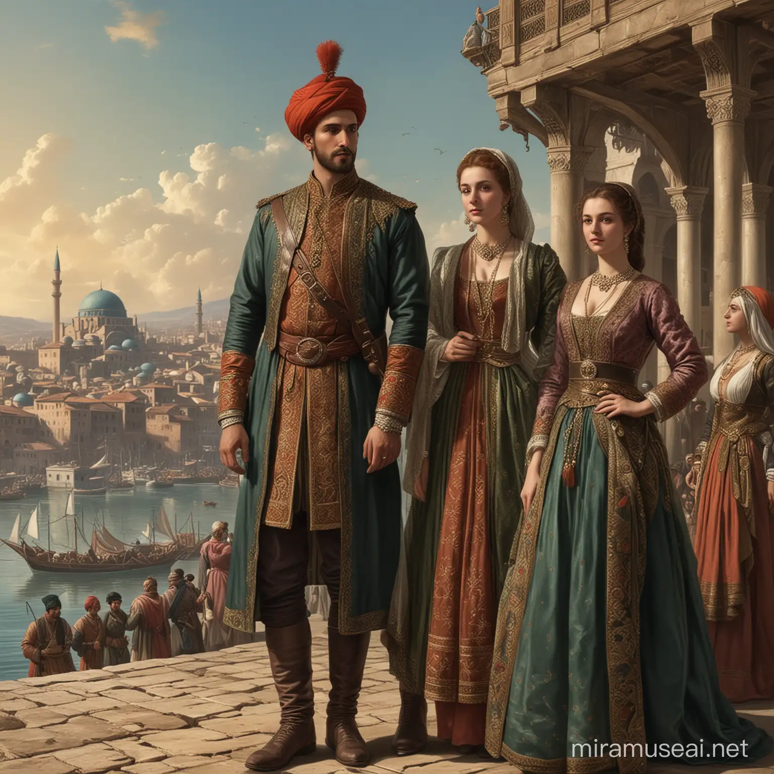  17th century aesthetic,concept art,high quality image,1600s,city,fashion,male and female,ottoman empier

