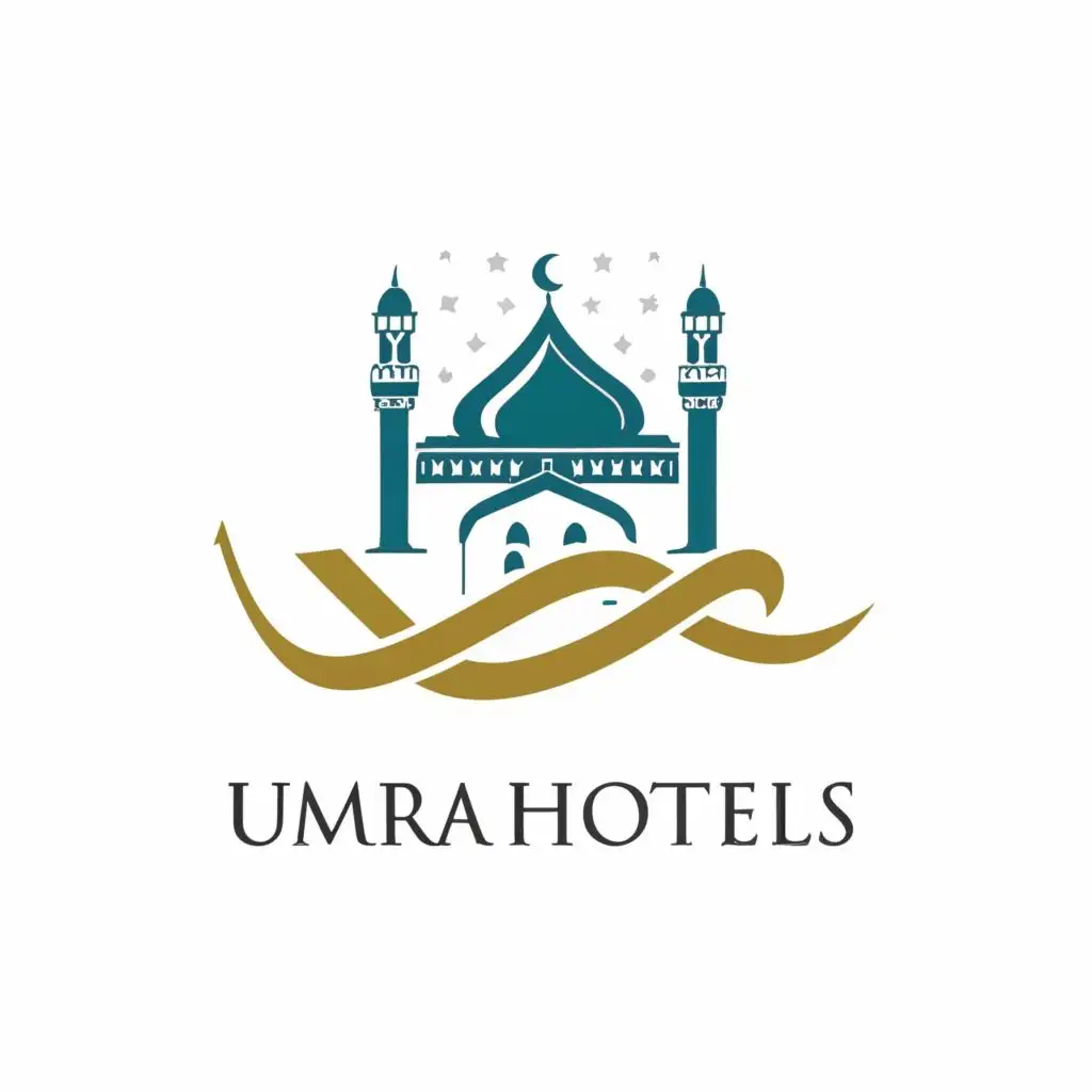 logo, Mosque curve and minaret, with the text "UMRAhotels", typography, be used in Travel industry