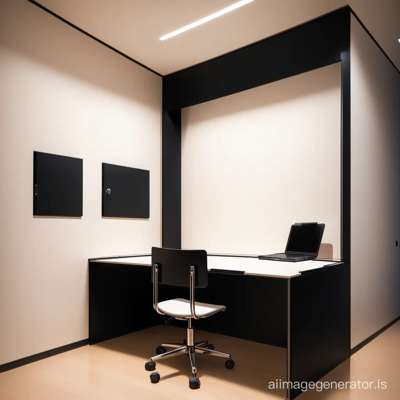 a child study room  with completely black square space on the wall behind the desk