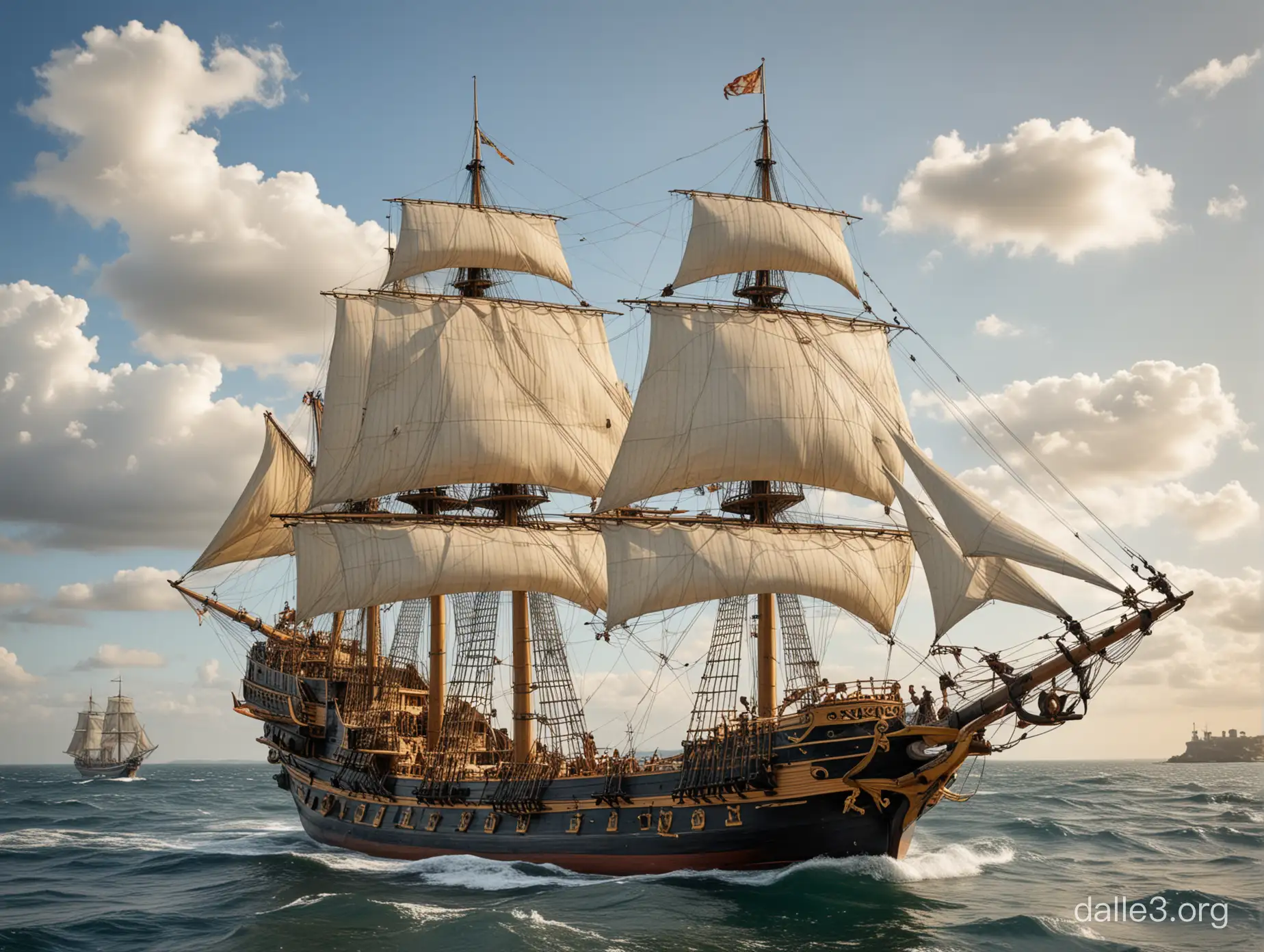 Spanish Galleon as a warship armed with up to 60 cannons, mid-16th century, three or four masts which were square and lateen-rigged, a distinctive beak at the prow and a high stern castle, beak like prow, the setting back of the forecastle from the prow, a flat stern and a smooth carvel hull, thicker hulls to better withstand cannon shots, 100-150 feet in length and 40-50 feet wide, the hull on either side tapered in towards the centre to create a more stable ship, oak wood, the foremasts have three square sails each, while the mizzenmast (rear) have two square sails and a lateen sail, one small square sail on the bowsprit, decorative elements included gilded additions to the stern and a a golden lion wearing a crown, heavy cannons are arranged below decks on both sides of the ship, the muzzles of the cannons were rolled out to point through gun ports, wooden windows in the deck which could be closed when not in use, additional smaller cannons are mounted on swivel posts at various points on the top deck, other defences included long crescent blades attached to the yardarms to slice the rigging and sails of a vessel that came alongside and two enlarged crow's nests from where archers could fire down on an enemy ship, wavy sea, open sea, windy and clear weather, white clouds in the sky, side view, oil painting, expressionism, very detailed,