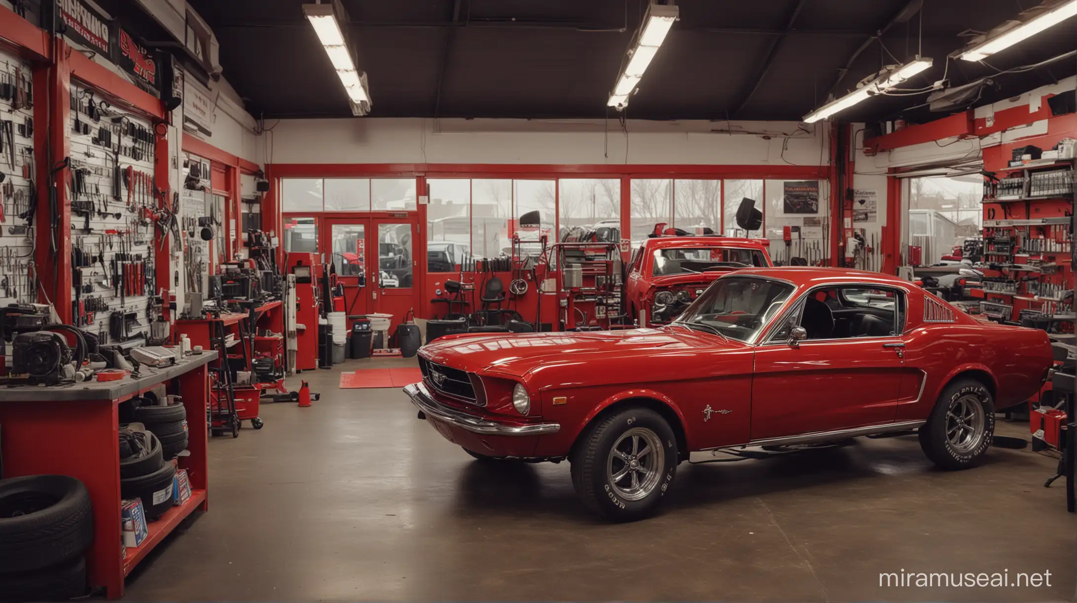 An image of the interior of a car repair shop with a red theme
A mustang car is in the picture
The name of this repair shop is poorya autorepair
