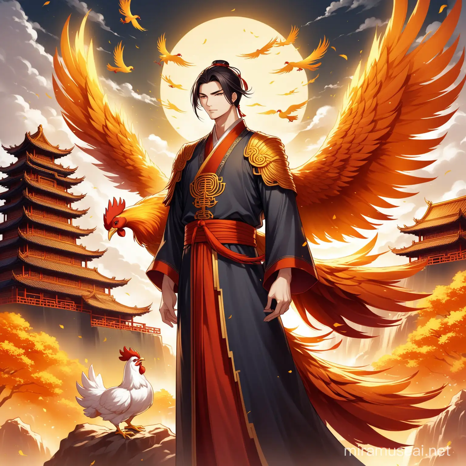 Majestic Sect Scene with Handsome Male Lead and Mythical Phoenix Chicken