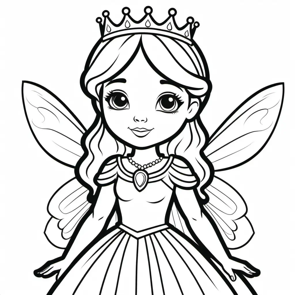 extremely simple, coloring pages for kids, young princess with a small fairy, no background , cartoon style, thick lines, low detail, no shading--ar 9:11--v5