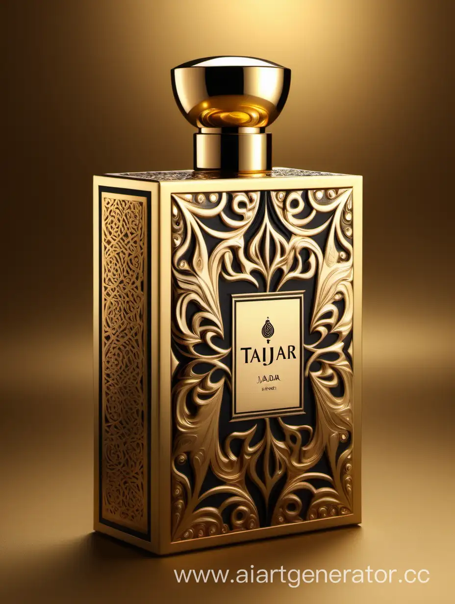 Box package design of perfume TAJDAR product, elegant, trending on artstation,   sharp focus,   studio photo,   intricate details,   highly detailed,   gold, Royal black and beige color on gold background